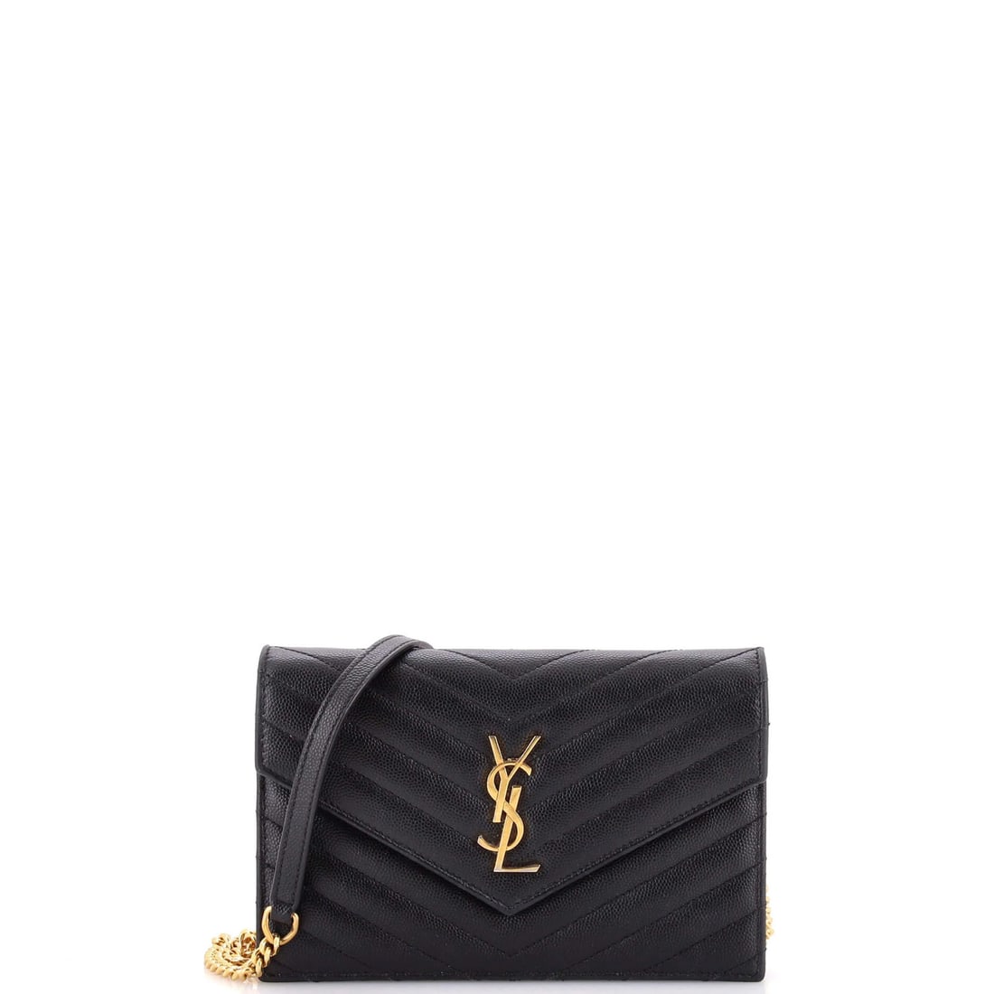 Classic Monogram Wallet on Chain Small Saint Leather Matelasse Chevron: Classic Monogram Wallet on Chain Small Saint Leather Matelasse Chevron Small Saint Laurent Classic Monogram Wallet on Chain Matelasse Chevron features a black leather exterior with gold hardware, a