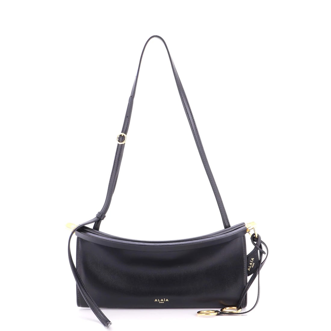 East Leather Bag Small Alaia Click West: East Leather Bag Small Alaia Click West Small East Leather Alaia Click West Bag. This black leather shoulder bag features a small size with a height of 5", width of 10", and depth of 2.5". The