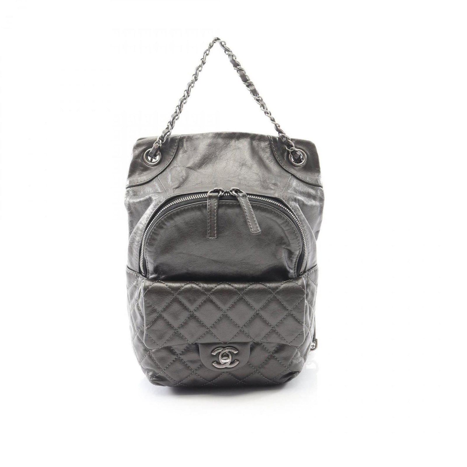 Backpack Leather By Chanel: Backpack Leather By Chanel Gray Calfskin Leather Backpack from Chanel. Made from high-quality leather, this compact backpack measures 30cm x 21cm x 12cm. Its classic design makes it a timeless accesso