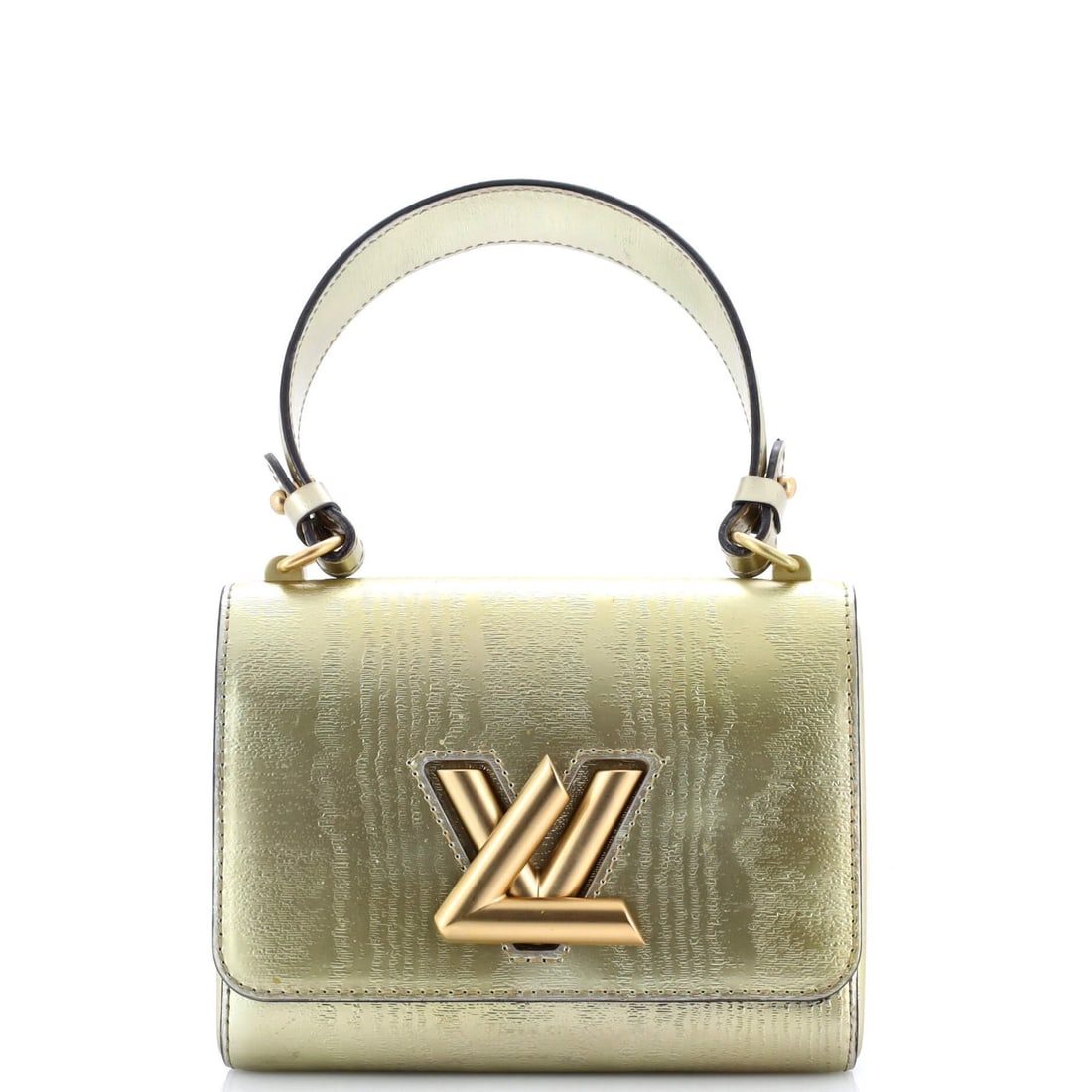 Twist Handbag Gold Calfskin Louis Vuitton Gravity: Twist Handbag Gold Calfskin Louis Vuitton Gravity Gold Calfskin Twist Handbag Gravity by Louis Vuitton, featuring a rich gold exterior with microfiber black interior, measures 5" height x 8" width x