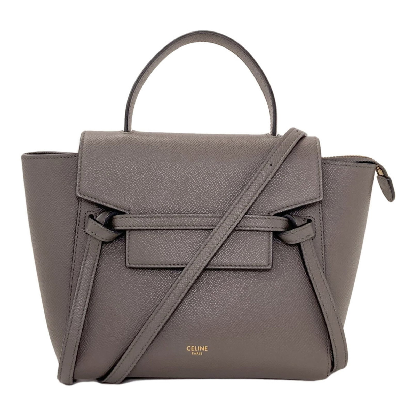 Celine Handbag Leather: Celine Handbag Leather The Celine Handbag Leather is a high-quality, gray calfskin leather handbag with a classic design. Measuring 17.5cm x 27cm x 10cm, it features a timeless look and feel. Made fro