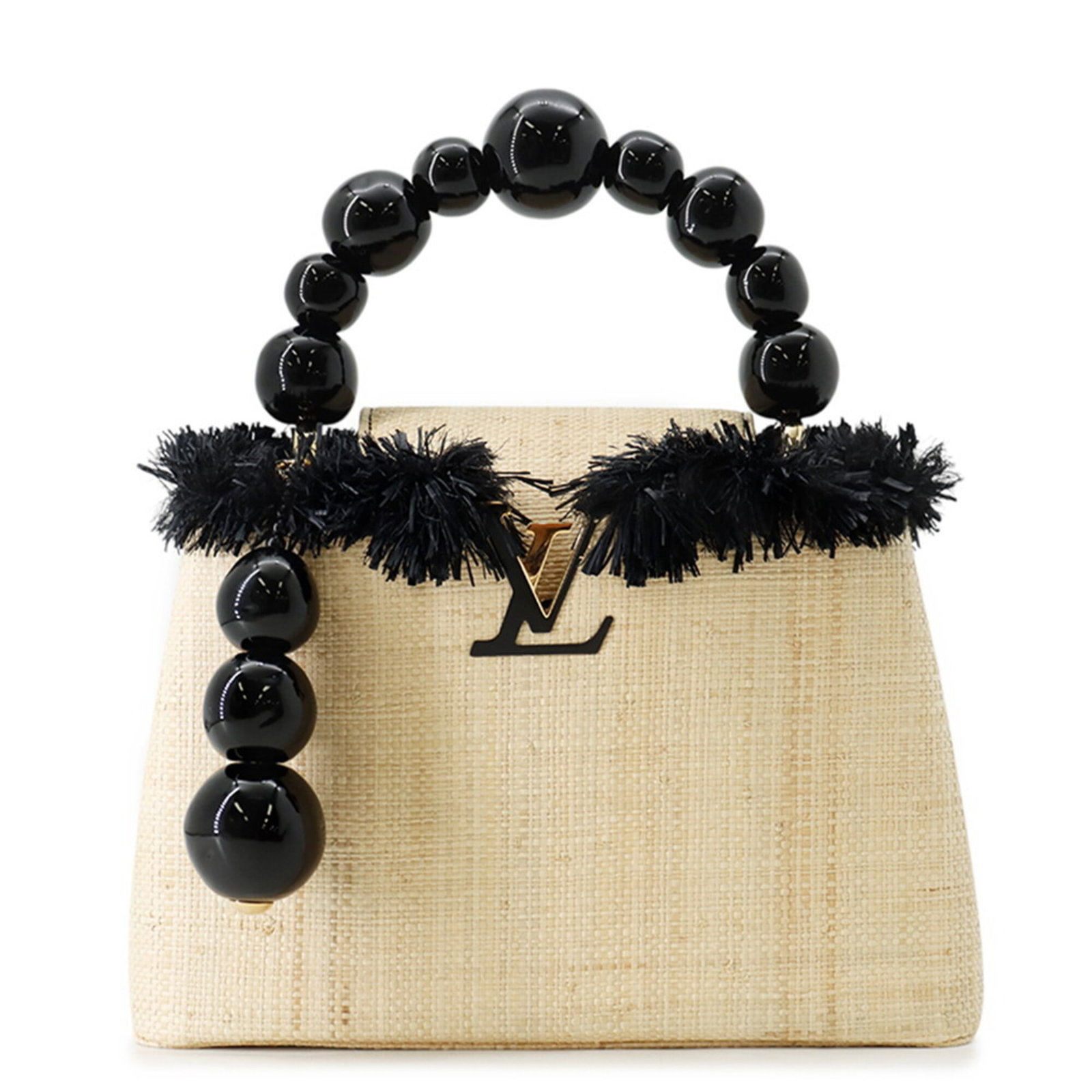 Handbag Raffia Louis: Handbag Raffia Louis Raffia Louis Handbag from Louis Vuitton, crafted from natural raffia, features a timeless design with a natural and noir color palette. This women's handbag measures 23cm x