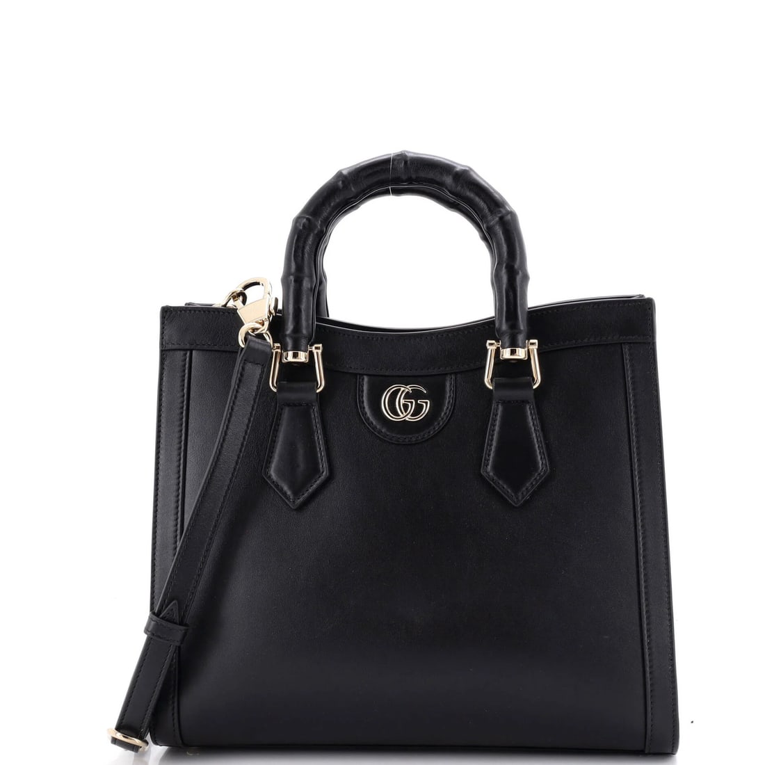Diana NM Bamboo Tote Small Leather Handle Gucci: Diana NM Bamboo Tote Small Leather Handle Gucci Black leather Gucci Diana NM Bamboo Handle Tote in small size, featuring a classic totes design with a touch-up on wax edges and minor scuffs. The