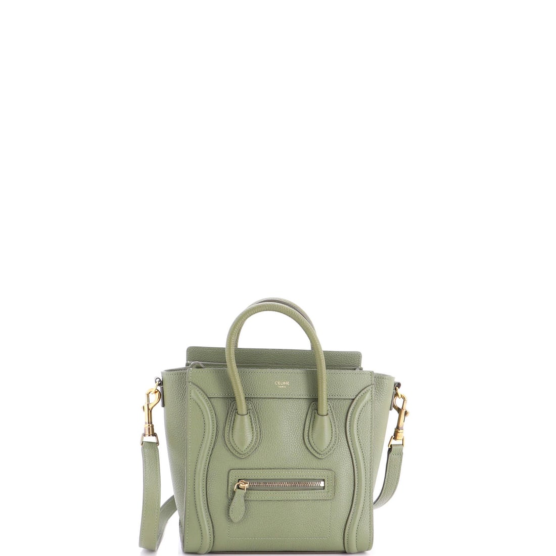 Luggage Bag Grainy Leather Nano Celine: Luggage Bag Grainy Leather Nano Celine Nano Celine Grainy Leather Cross Body Bag in Green. This Celine luggage bag features grainy leather exterior, suede interior, and gold hardware. Minor creases