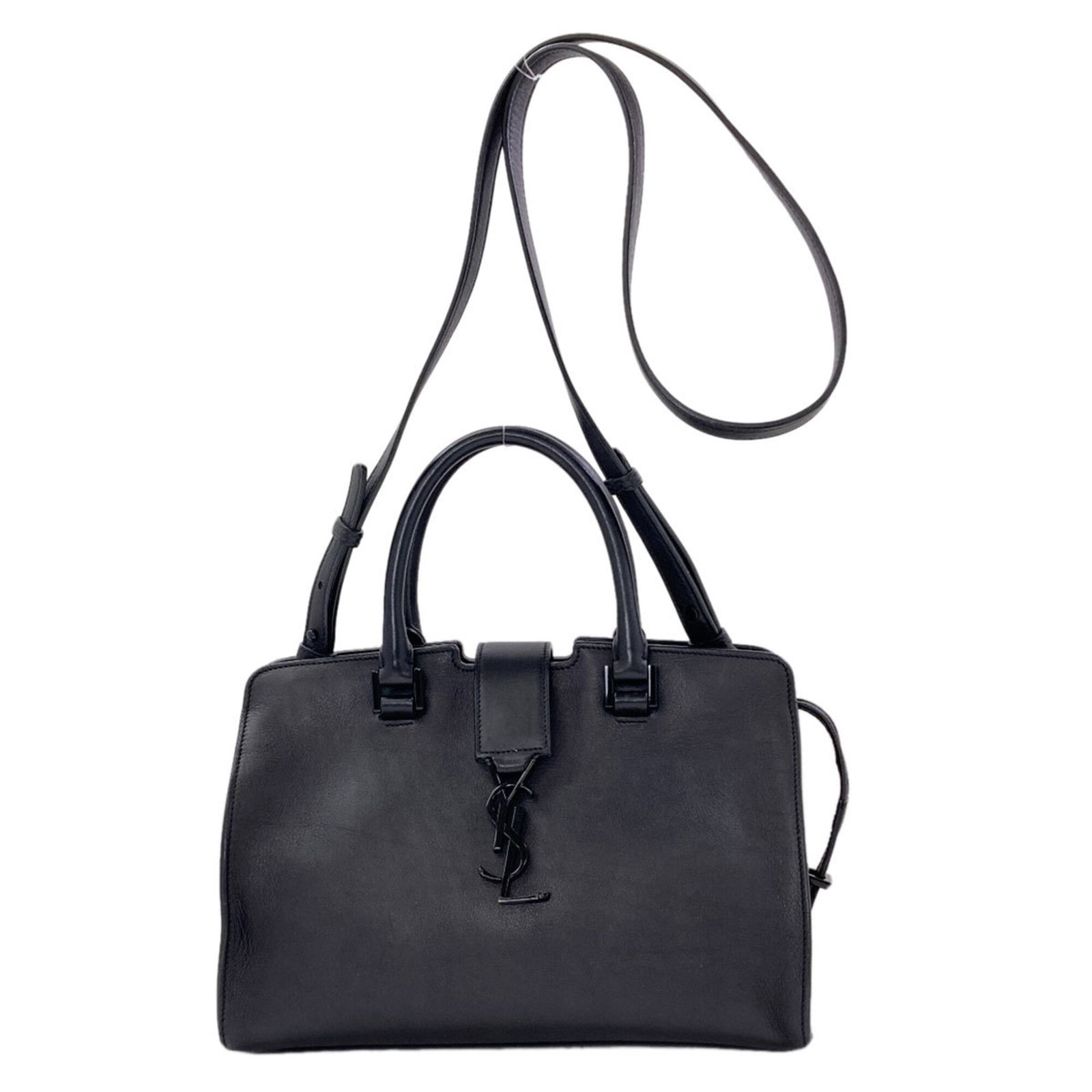 Handbag Saint Laurent Leather: Handbag Saint Laurent Leather This Saint Laurent leather handbag boasts a sleek black calfskin design, measuring 17.5cm x 25.5cm x 12cm. The bag features a sturdy 23cm handle and adjustable strap