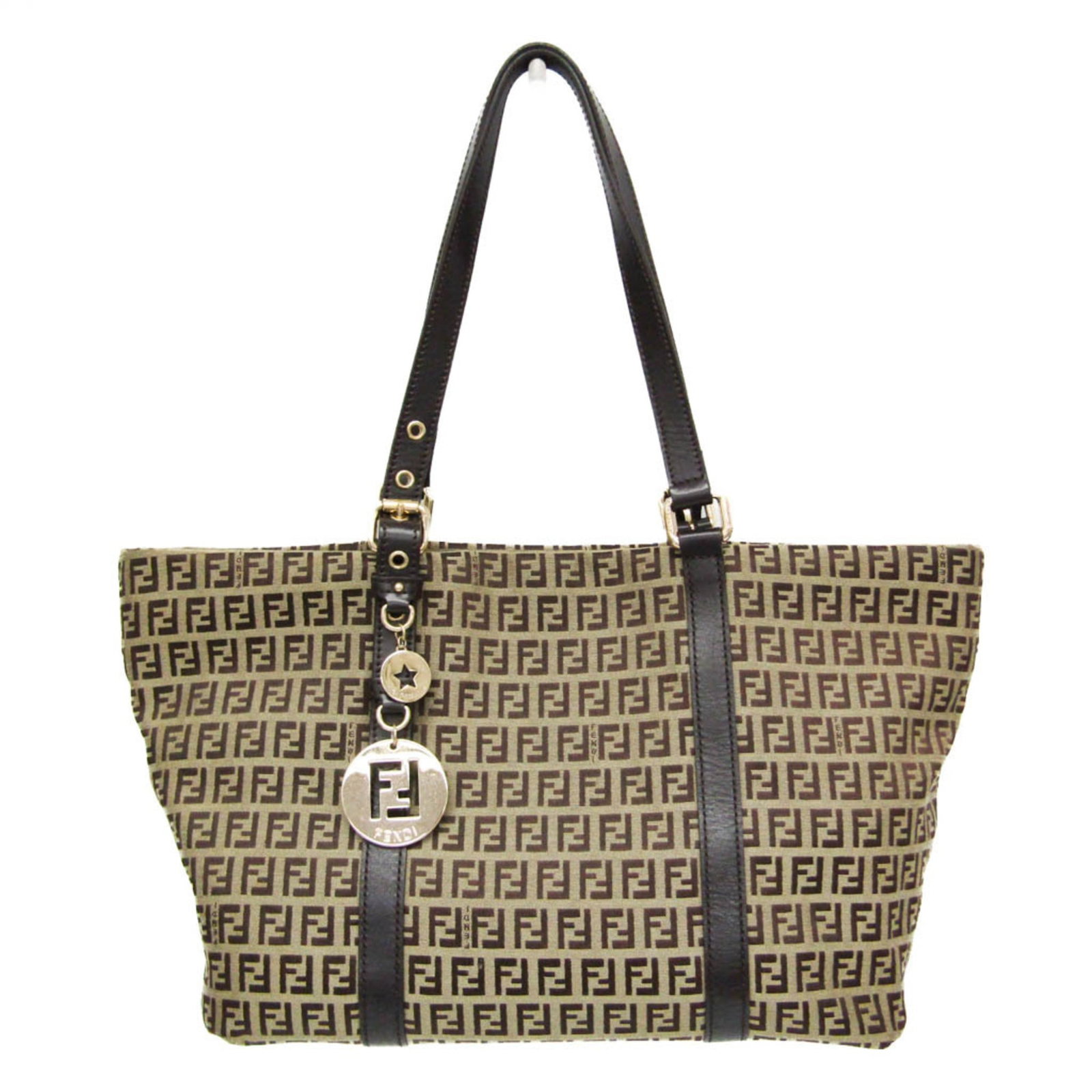 Canvas leather Fendi tote bag: Canvas leather Fendi tote bag Canvas leather Fendi tote bag in beige and brown, featuring a zipper closure, open pocket, and adjustable handle length. This stylish tote measures 24cm x 33cm x 14cm