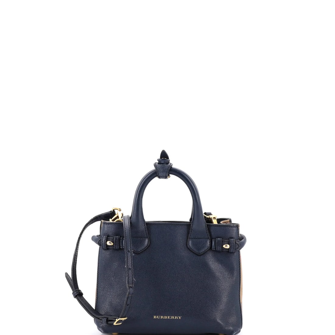 House Check Tote Leather and Mini Canvas Banner Burberry: House Check Tote Leather and Mini Canvas Banner Burberry This Burberry House Check Tote features a striking blue and brown leather exterior with a mini canvas banner. The tote's compact size and gold