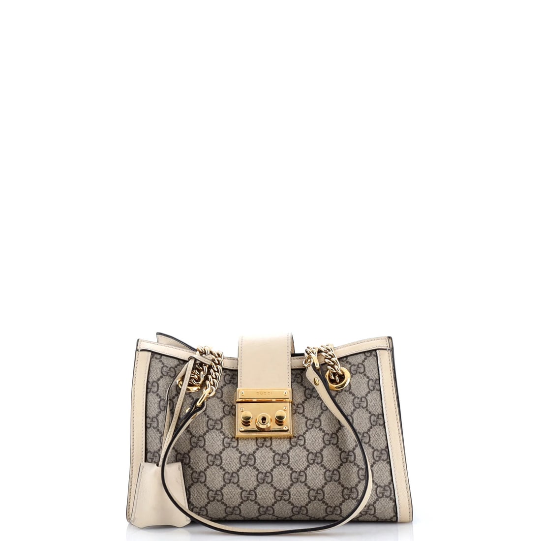 Gucci small GG canvas coated leather tote padlock chain: Gucci small GG canvas coated leather tote padlock chain Small Gucci GG Coated Canvas Tote Padlock Chain in Neutral Color. This Gucci small tote features a unique padlock chain design, a canvas coated