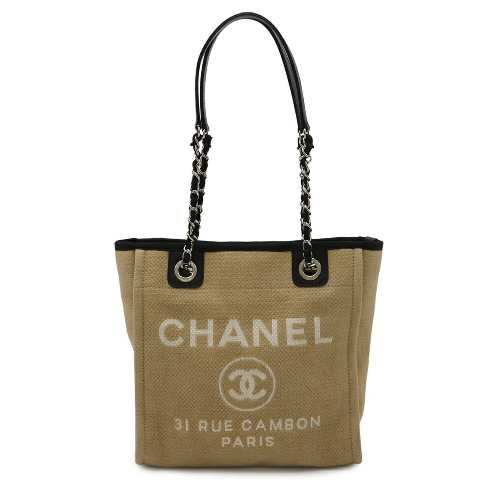Canvas Tote Bag Chanel: Canvas Tote Bag Chanel Canvas tote bag in beige and black, featuring a ball clasp closure, and measuring 26cm x 25.5cm x 10.5cm. This stylish shoulder bag is made from canvas material. The Chanel bran