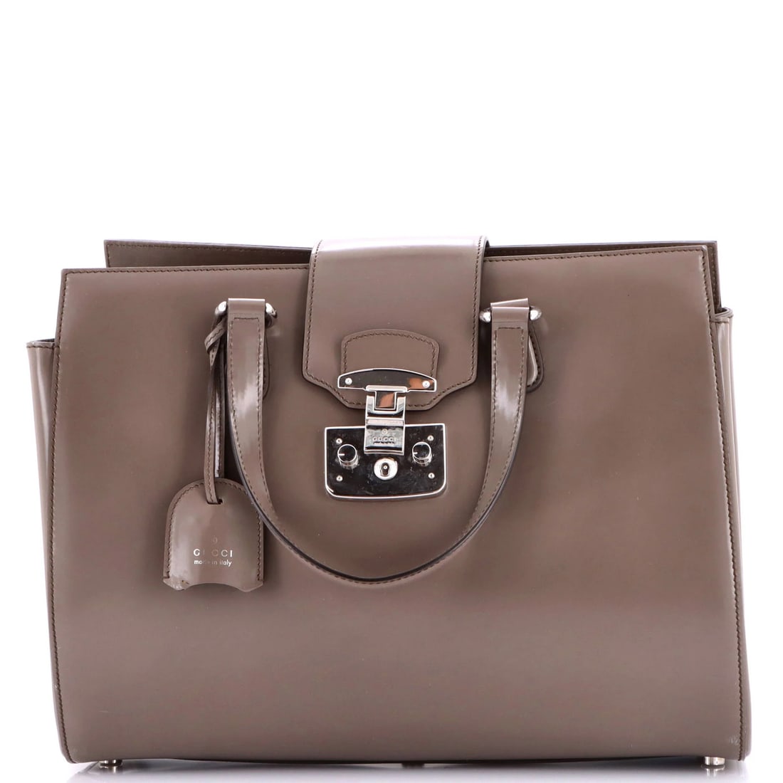 Tote Leather Lock Medium Lady Gucci: Tote Leather Lock Medium Lady Gucci Gray leather Lady Lock tote with silver hardware, featuring a medium size and top handle design. The exterior shows moderate wear with a clochette, edge wear, and
