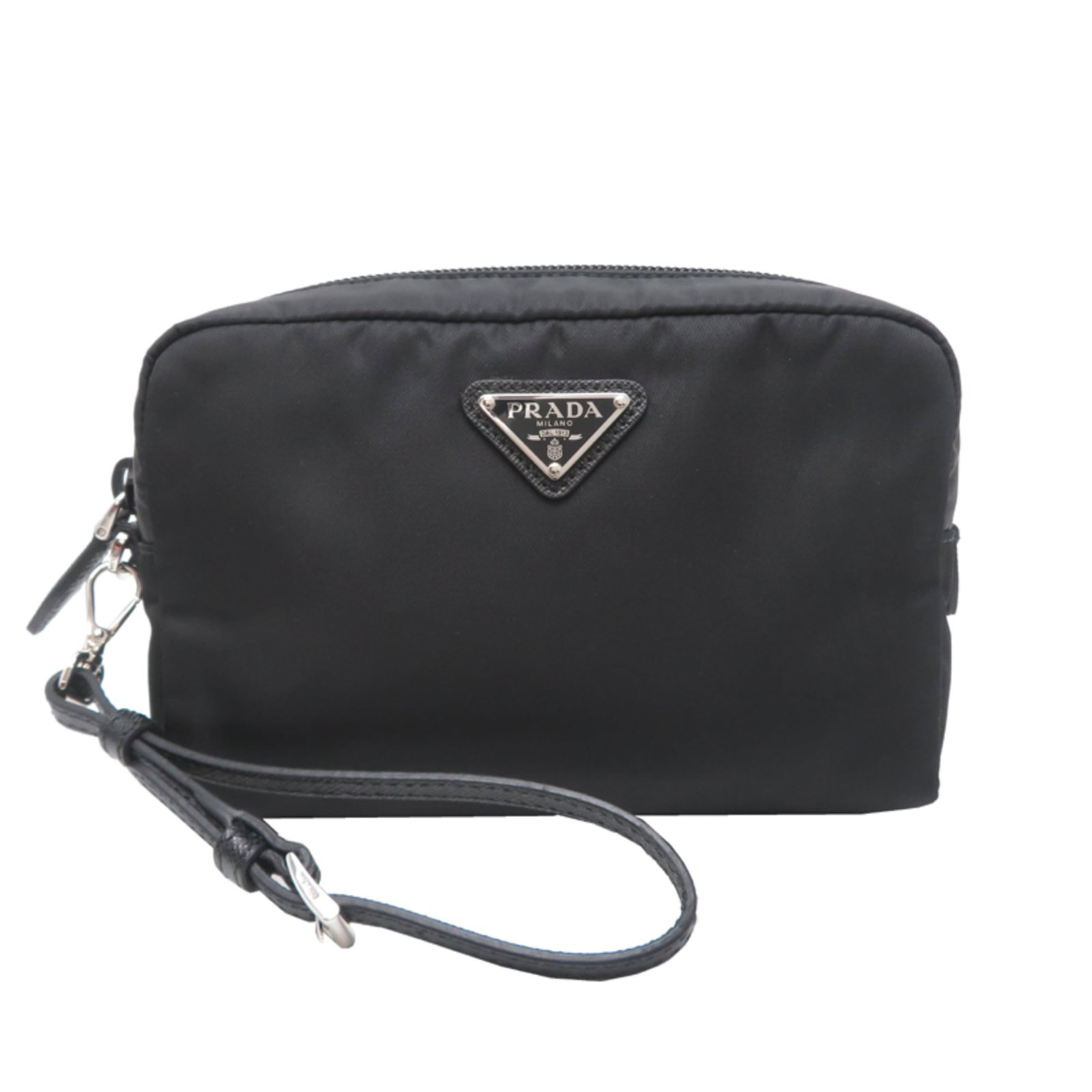 Nylon Prada Pouch: Nylon Prada Pouch Prada's nylon pouch boasts a sleek black design, measuring 11.5cm x 17cm x 5cm. The pouch features a sturdy shoulder strap for easy carrying, adding a practical touch to its stylish