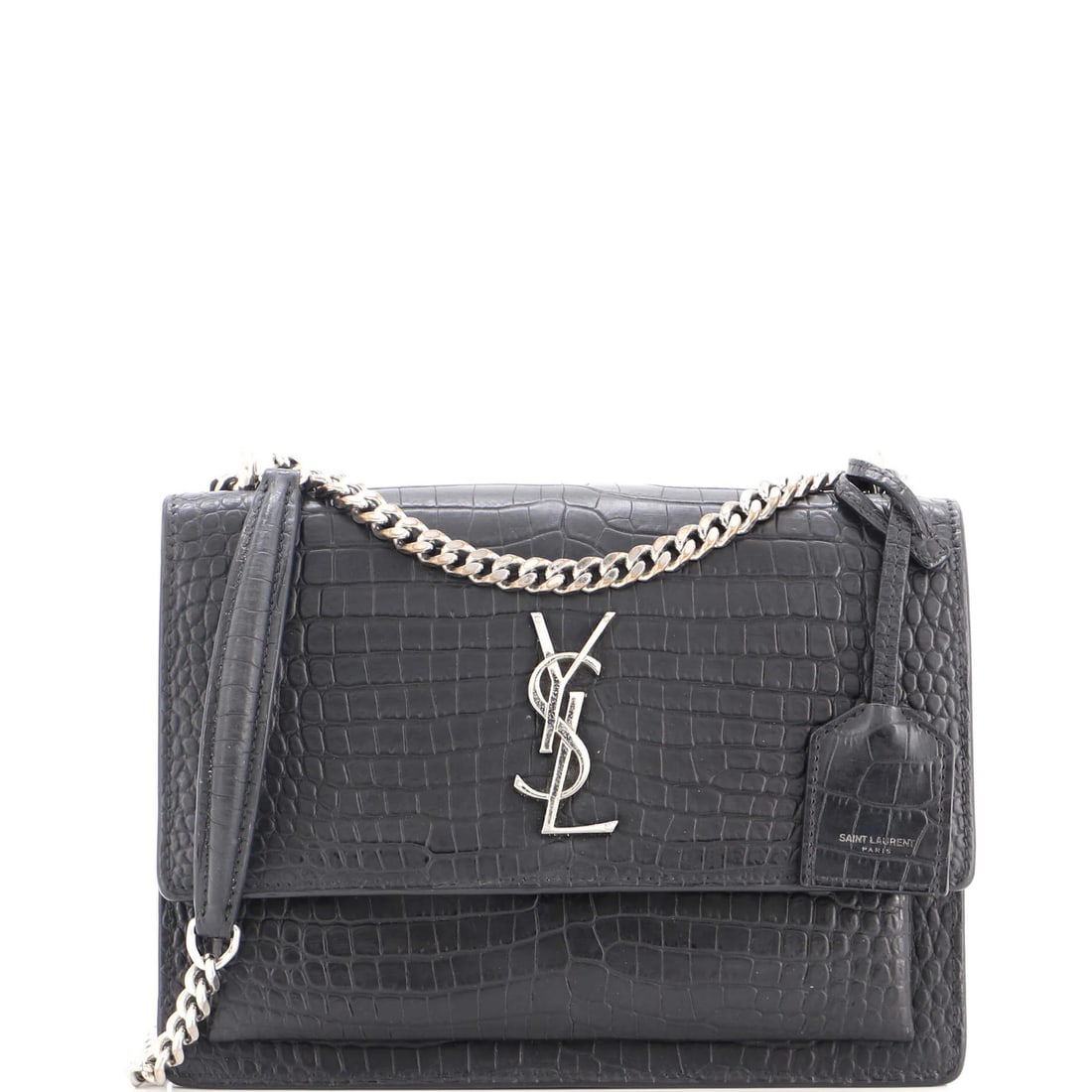 Laurent Saint Crocodile Embossed Leather Medium Crossbody Bag: Laurent Saint Crocodile Embossed Leather Medium Crossbody Bag Black crocodile embossed leather medium crossbody bag with silver hardware, featuring suede interior and minor scuffs on exterior and hand
