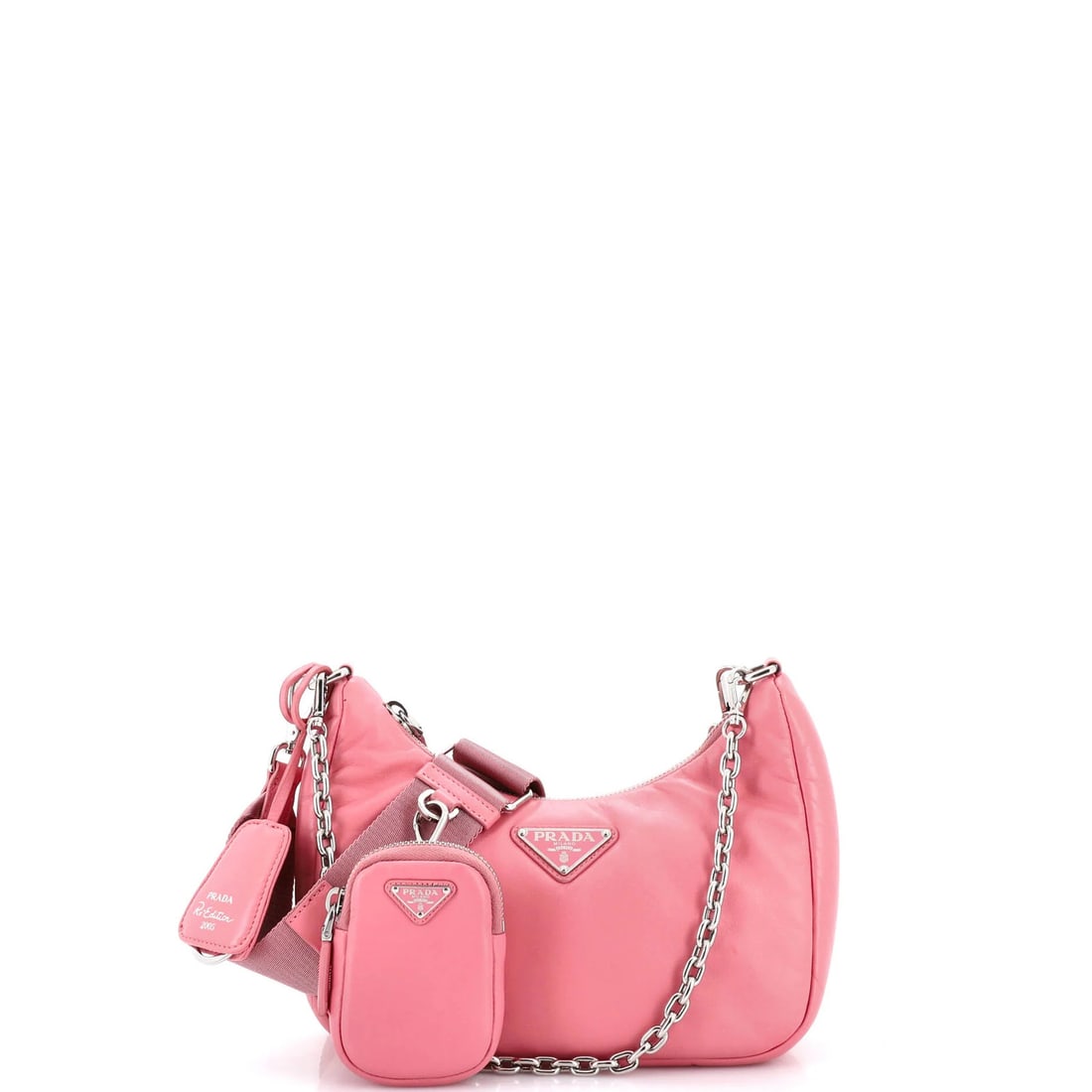 Prada Re-Edition 2005 Shoulder Bag Nappa Leather Small: Prada Re-Edition 2005 Shoulder Bag Nappa Leather Small Small Prada Re-Edition 2005 Shoulder Bag in Pink Nappa Leather. This shoulder bag features a classic design with a small size, pochette, extra