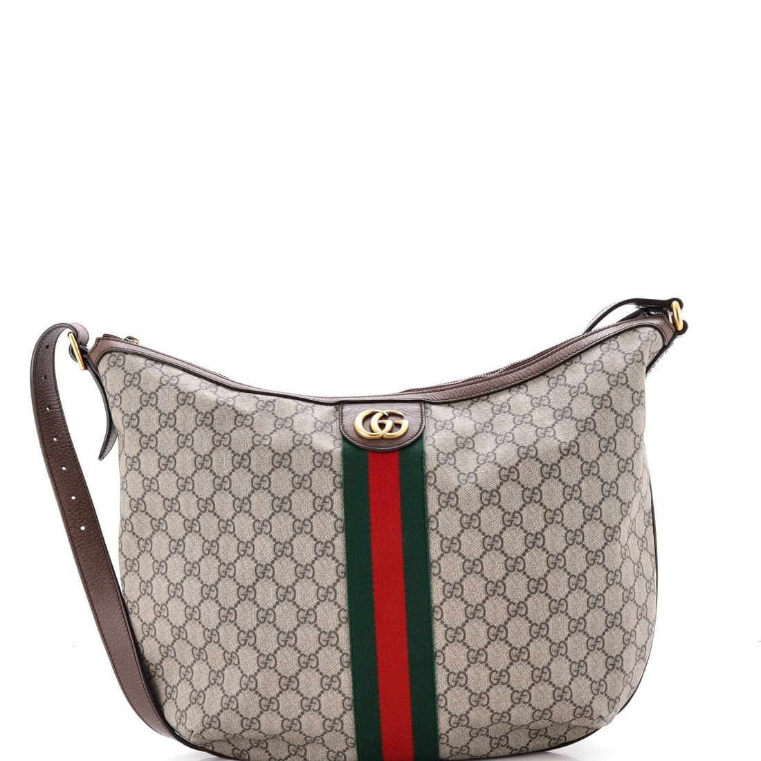 Gucci Ophidia Hobo Half Moon Large Coated Canvas GG: Gucci Ophidia Hobo Half Moon Large Coated Canvas GG The Gucci Ophidia Hobo Half Moon Large Coated Canvas GG boasts a rich, brown exterior with a canvas-coated finish, complemented by neutral interior