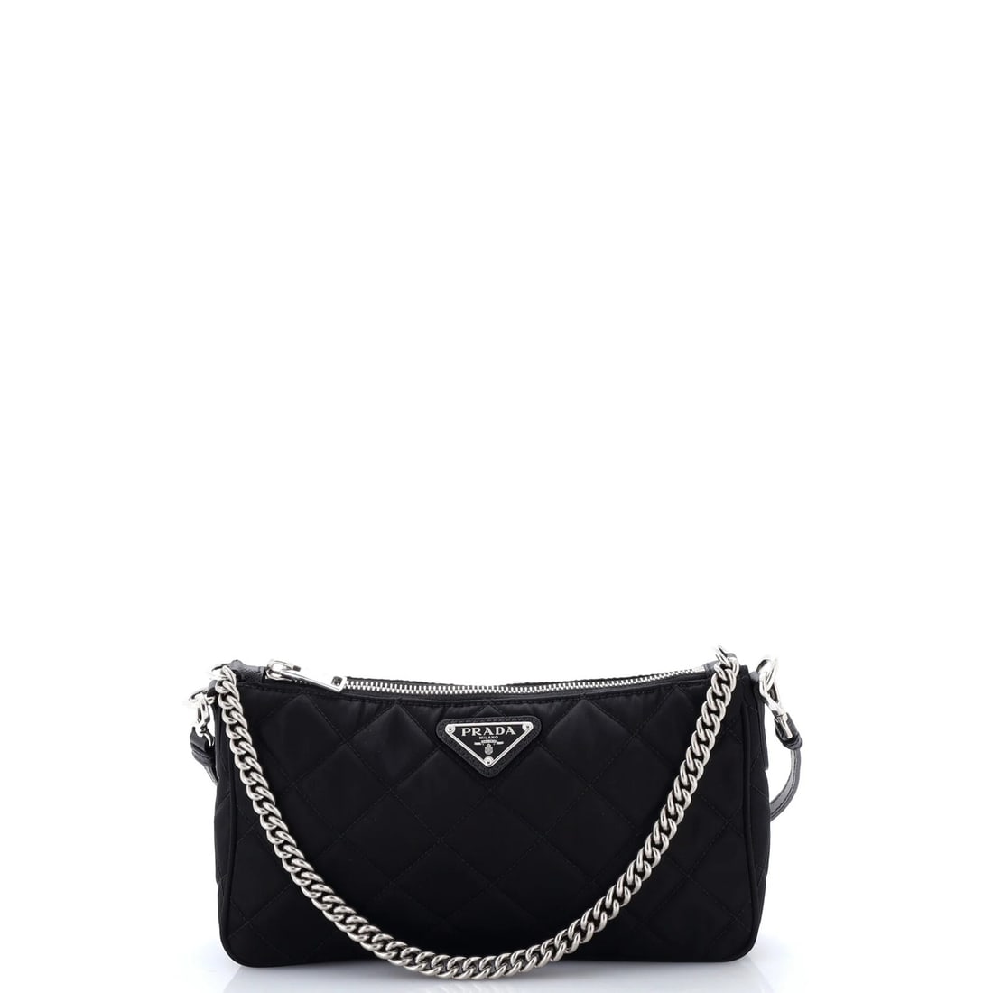 Zip Quilted Bag Small Tessuto Shoulder Prada Chain: Zip Quilted Bag Small Tessuto Shoulder Prada Chain Small Tessuto Chain Zip Shoulder Bag with Quilted Exterior in Black Nylon, featuring a classic cross body design and silver hardware. Measuring 5"
