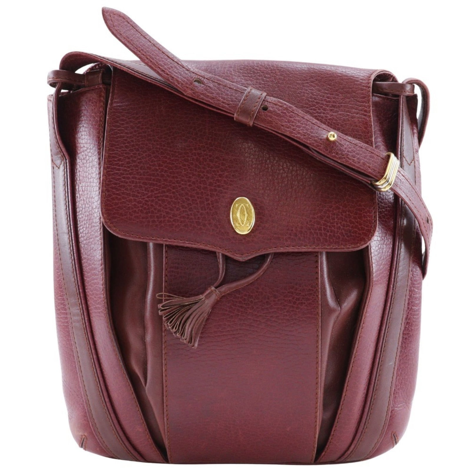 Shoulder Bag Cartier Leather: Shoulder Bag Cartier Leather Cartier Leather Shoulder Bag in Bordeaux. This elegant shoulder bag boasts a classic design and premium leather construction. Measuring 27cm x 24cm x 2.5cm, it offers a