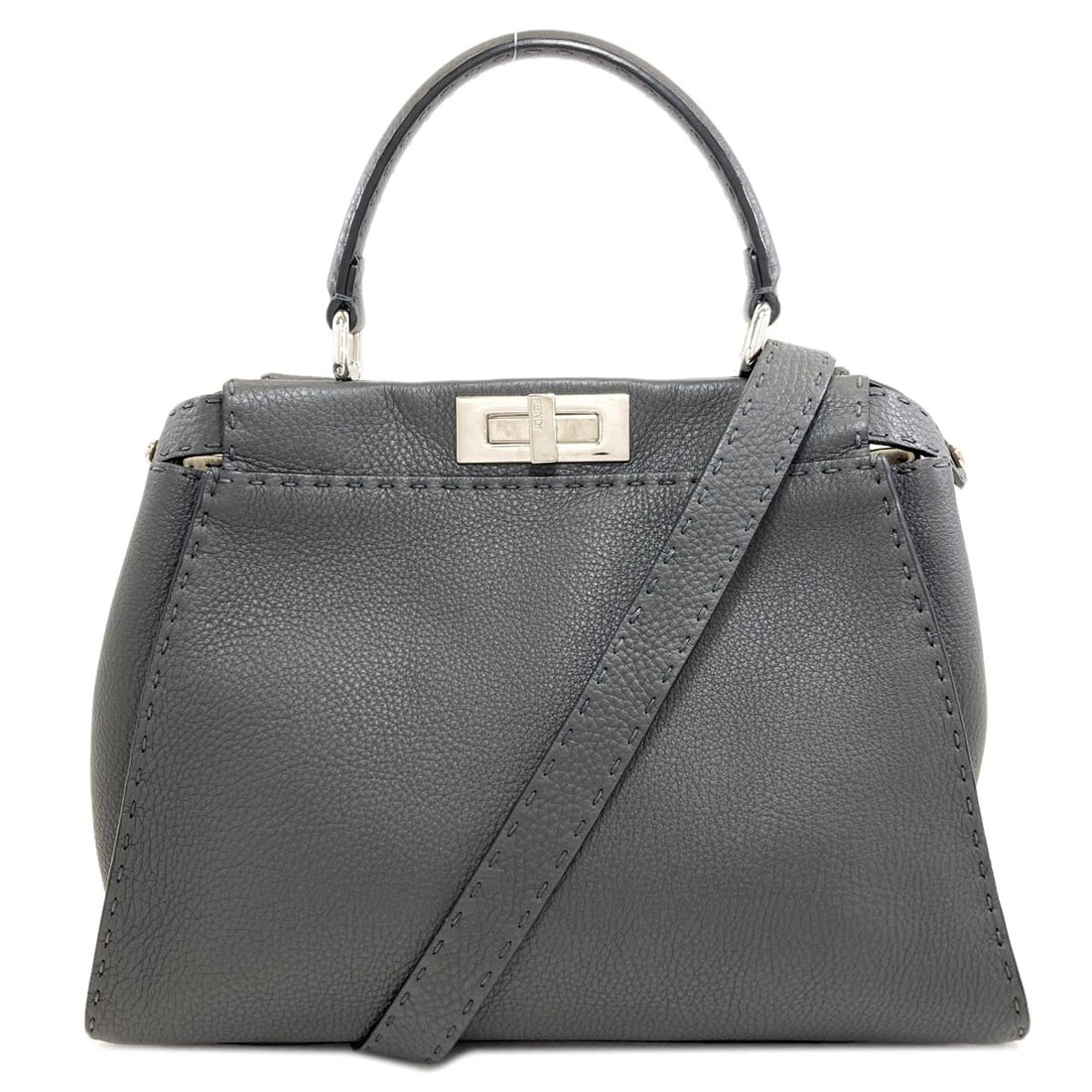 Medium Fendi Selleria Peekaboo 2Way Handbag Calf: Medium Fendi Selleria Peekaboo 2Way Handbag Calf Medium Fendi Selleria Peekaboo 2Way Handbag Calf. This Fendi handbag features a sleek gray exterior made from high-quality calf leather, showcasing a