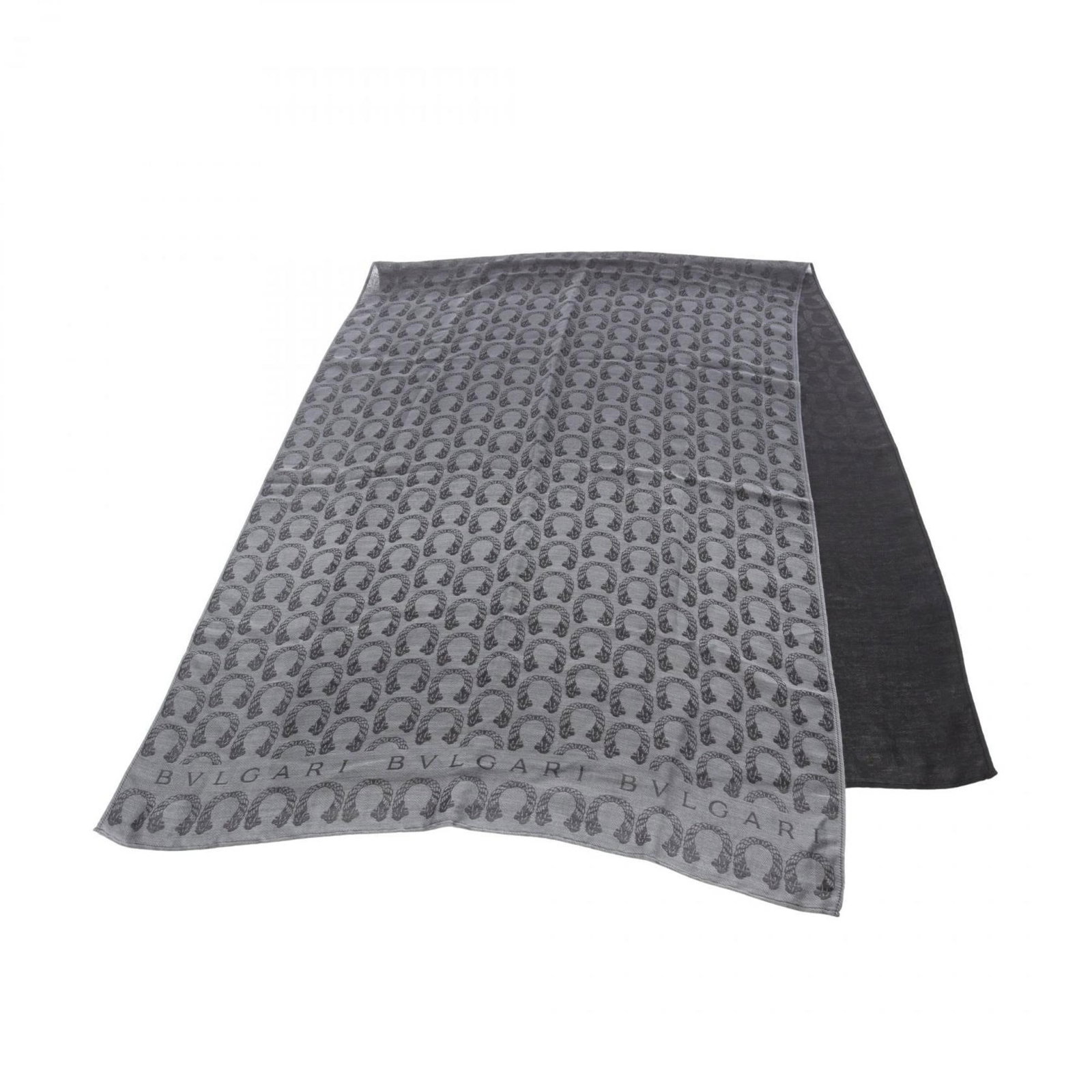Silk Cashmere Bvlgari Scarf: Silk Cashmere Bvlgari Scarf Silk and cashmere blend in this luxurious Bvlgari scarf, crafted in a sleek black and gray hue. Measuring 1.86m x 65cm, it offers a stylish and sophisticated addition to an