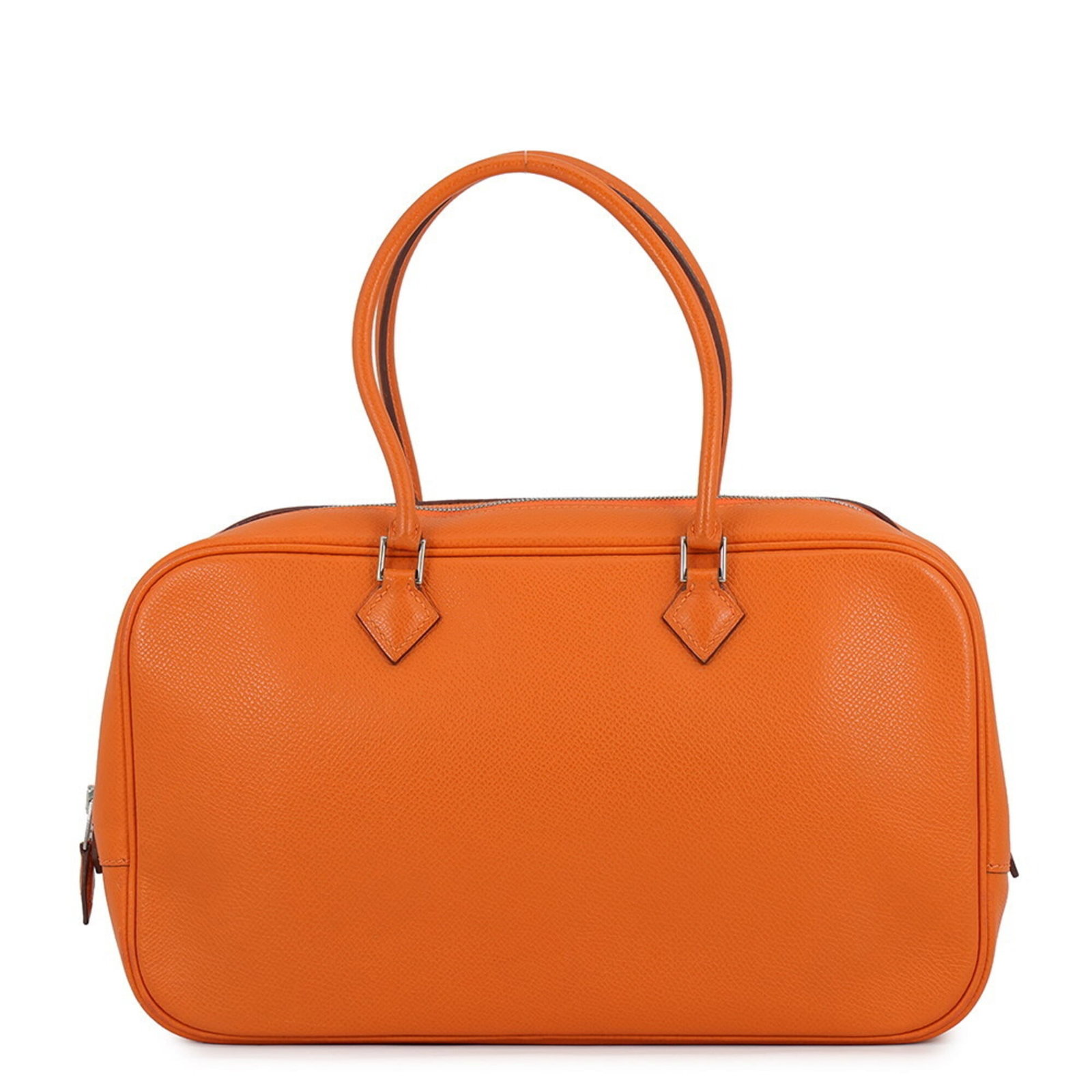 Handbag Epsom Leather by Hermes: Handbag Epsom Leather by Hermes Epsom leather handbag from Hermes, made with a vibrant orange hue and silver hardware, features a zipper closure. Weighing 370g, this 16cm x 28cm x 6cm bag is a stylish