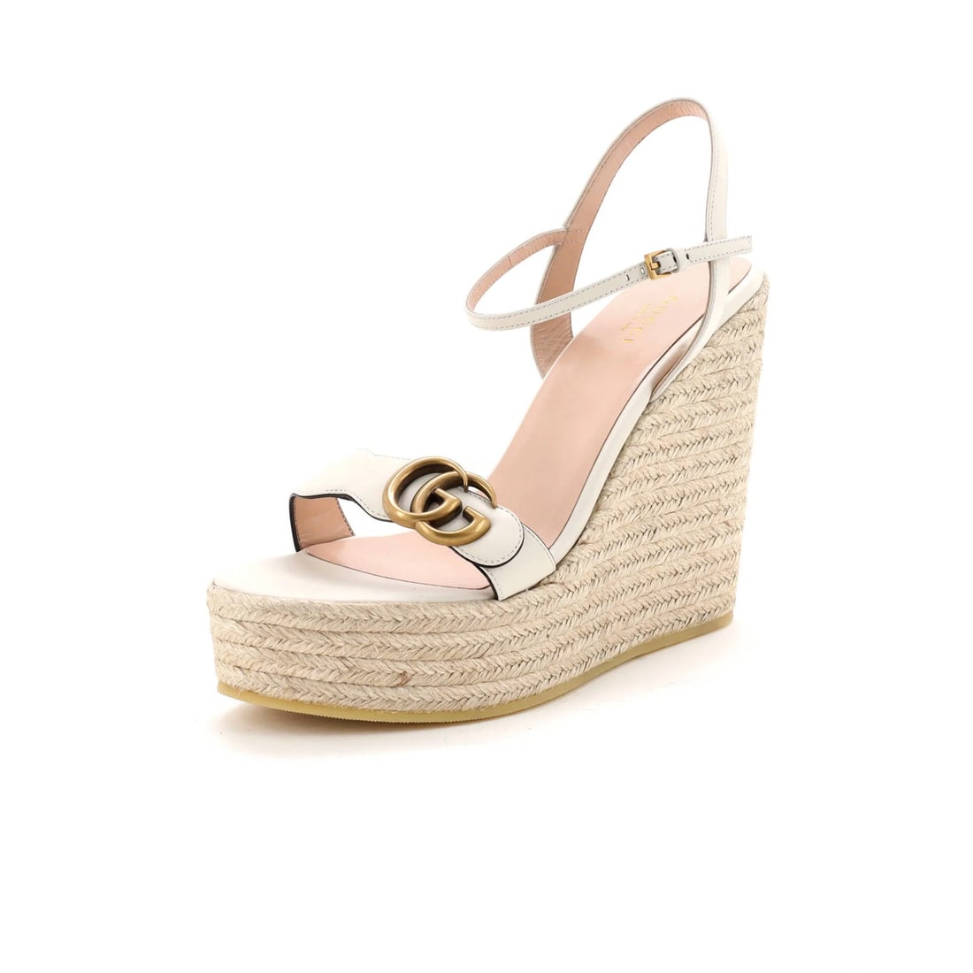 Gucci Women's GG Marmont Wedge Espadrille Leather Sandals: Gucci Women's GG Marmont Wedge Espadrille Leather Sandals White leather and raffia upper, featuring the iconic Gucci GG Marmont design, in a neutral color. This women's wedge espadrille sandal boasts 