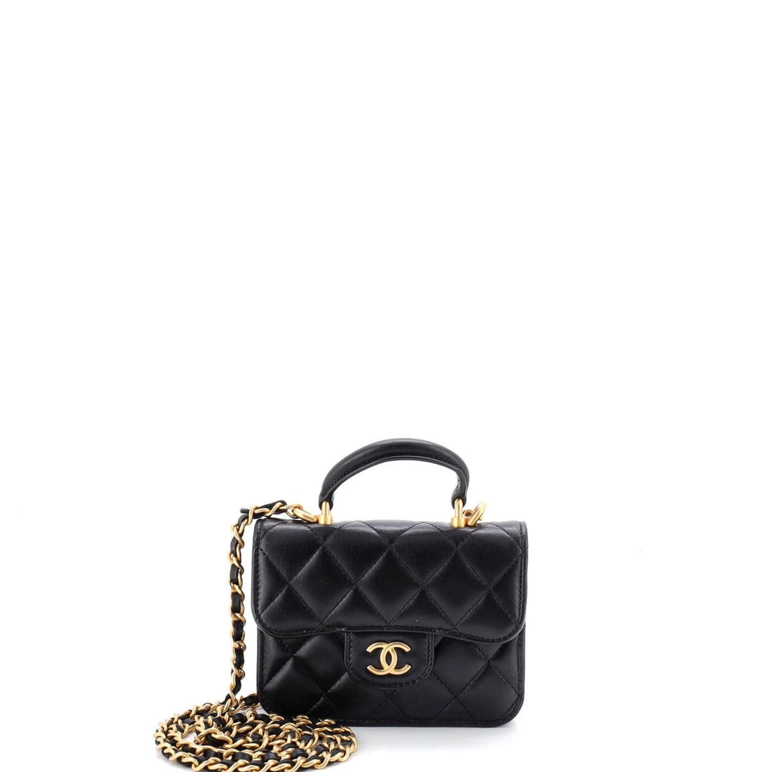 Chanel Top Handle Flap Coin Purse with Chain Quilted Lambskin: Chanel Top Handle Flap Coin Purse with Chain Quilted Lambskin Black quilted lambskin exterior, chain strap, and top handle design make this Chanel Top Handle Flap Coin Purse a stylish and versatile