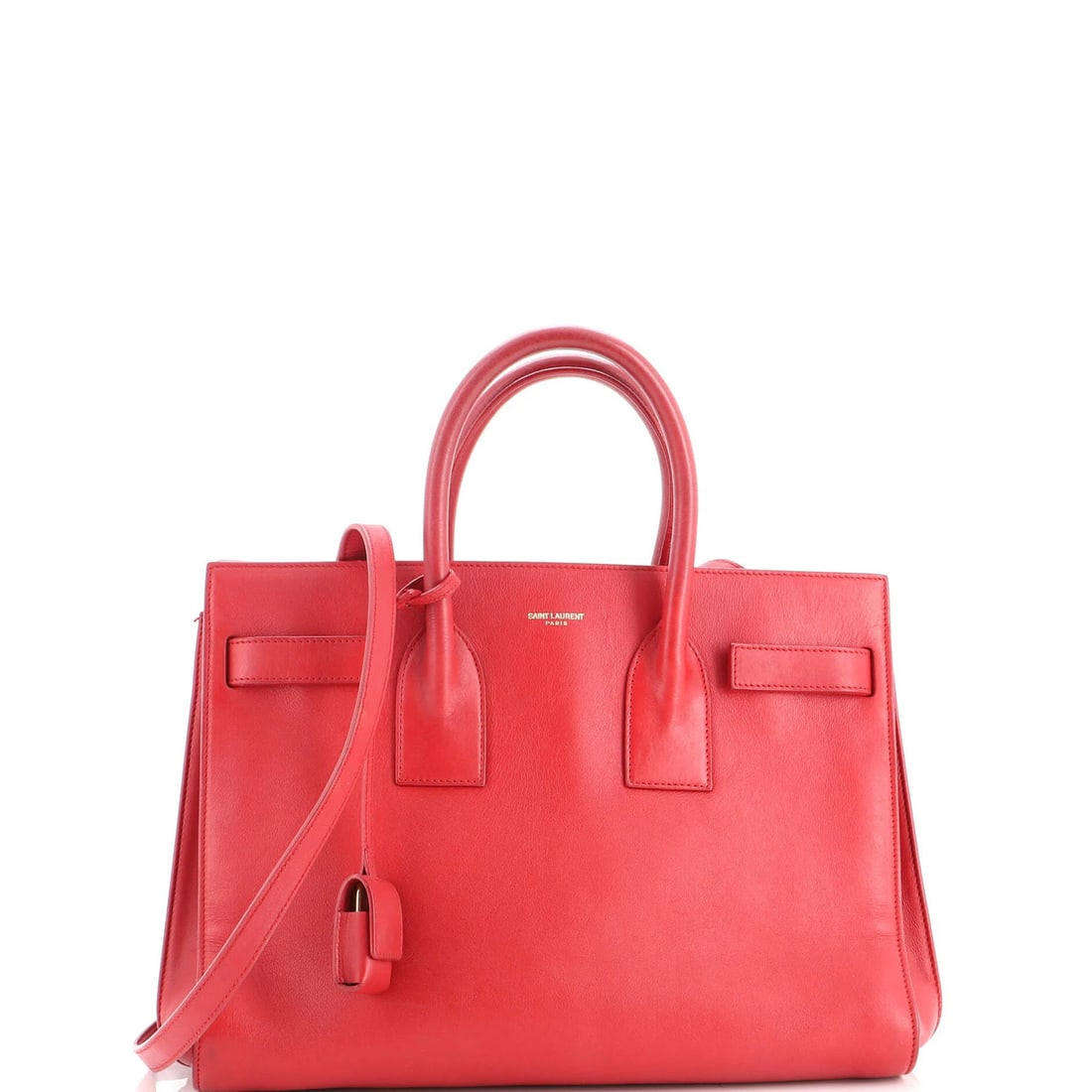 Laurent Sac de Saint Bag Leather Small: Laurent Sac de Saint Bag Leather Small Small Saint Laurent Leather Sac de Jour Bag in Red, featuring a classic top handle design, gold hardware, and suede interior. Measuring 10" high, 12.5" wide, and