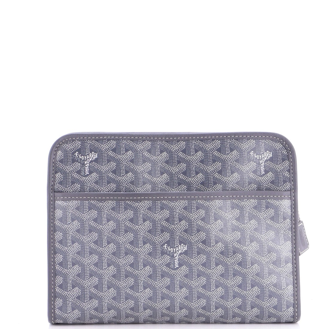 Jouvence Toiletry Pouch Goyard Coated Canvas: Jouvence Toiletry Pouch Goyard Coated Canvas Gray Goyard Coated Canvas Jouvence Toiletry Pouch with Yellow Fabric Interior and Silver Hardware, featuring edge wear, corner wear, and minor scuffs on
