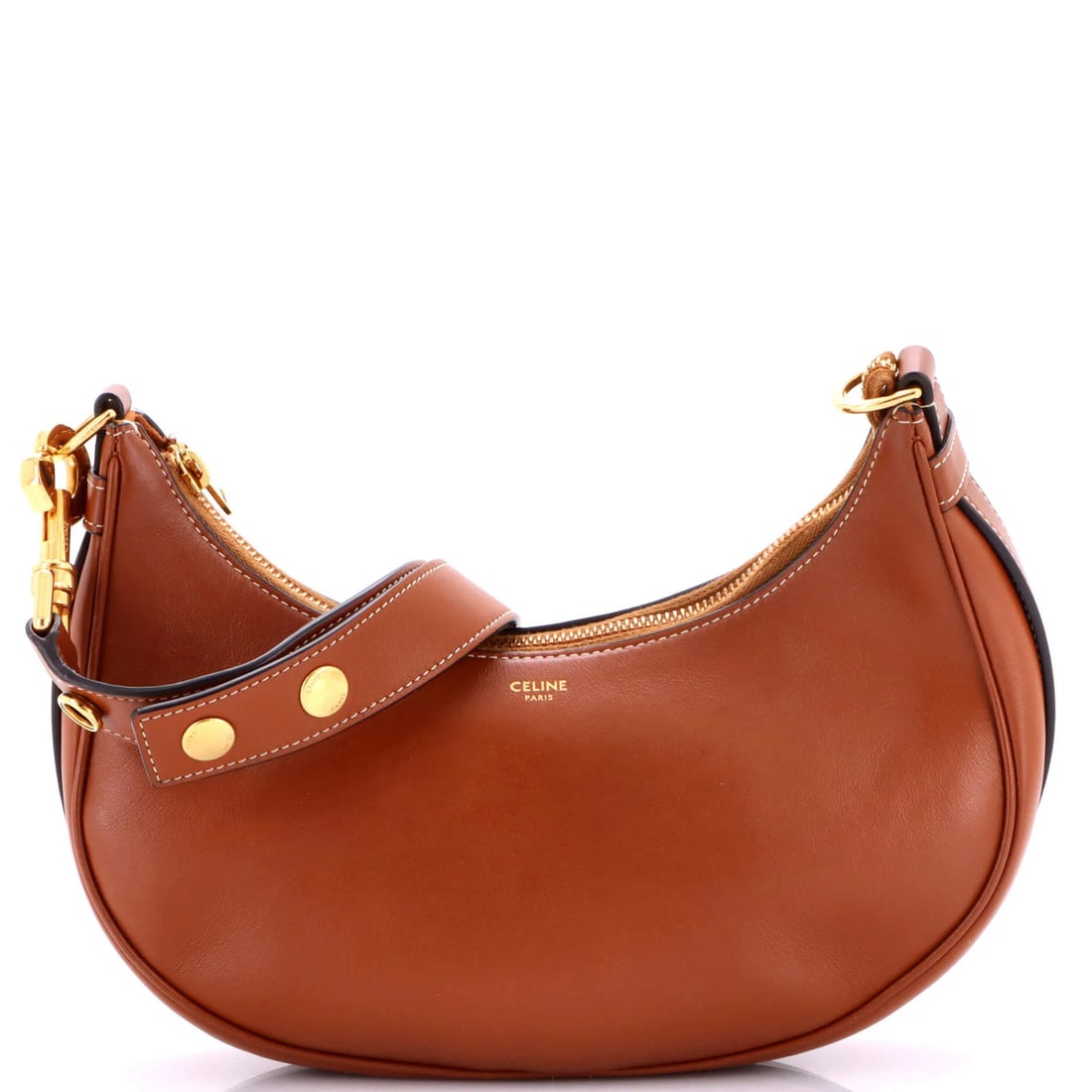 Medium leather bag strap Celine Ava: Medium leather bag strap Celine Ava Medium leather bag strap from Celine's Ava style, featuring brown exterior leather with minor creases and gold hardware. The strap measures 5" in height, 9.5" in