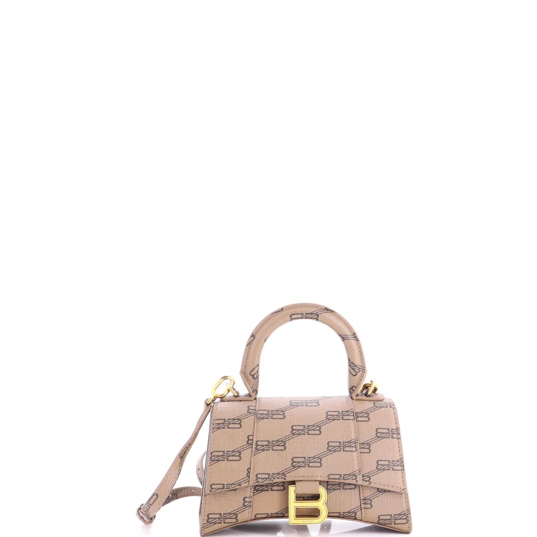 Balenciaga Hourglass Top Handle Bag BB Coated Canvas XS: Balenciaga Hourglass Top Handle Bag BB Coated Canvas XS Balenciaga's Hourglass Top Handle Bag boasts a timeless design with a canvas-coated exterior in rich brown, complemented by supple leather