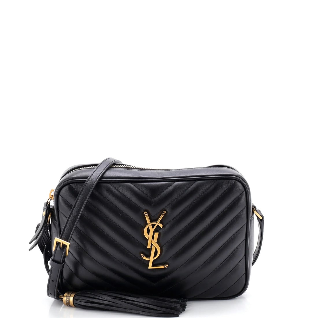 Matelasse Leather Chevron Bag Small Camera Lou Saint: Matelasse Leather Chevron Bag Small Camera Lou Saint Small Matelasse Leather Chevron Bag by Saint Laurent. This black leather cross body bag features a striking chevron pattern and gold hardware,