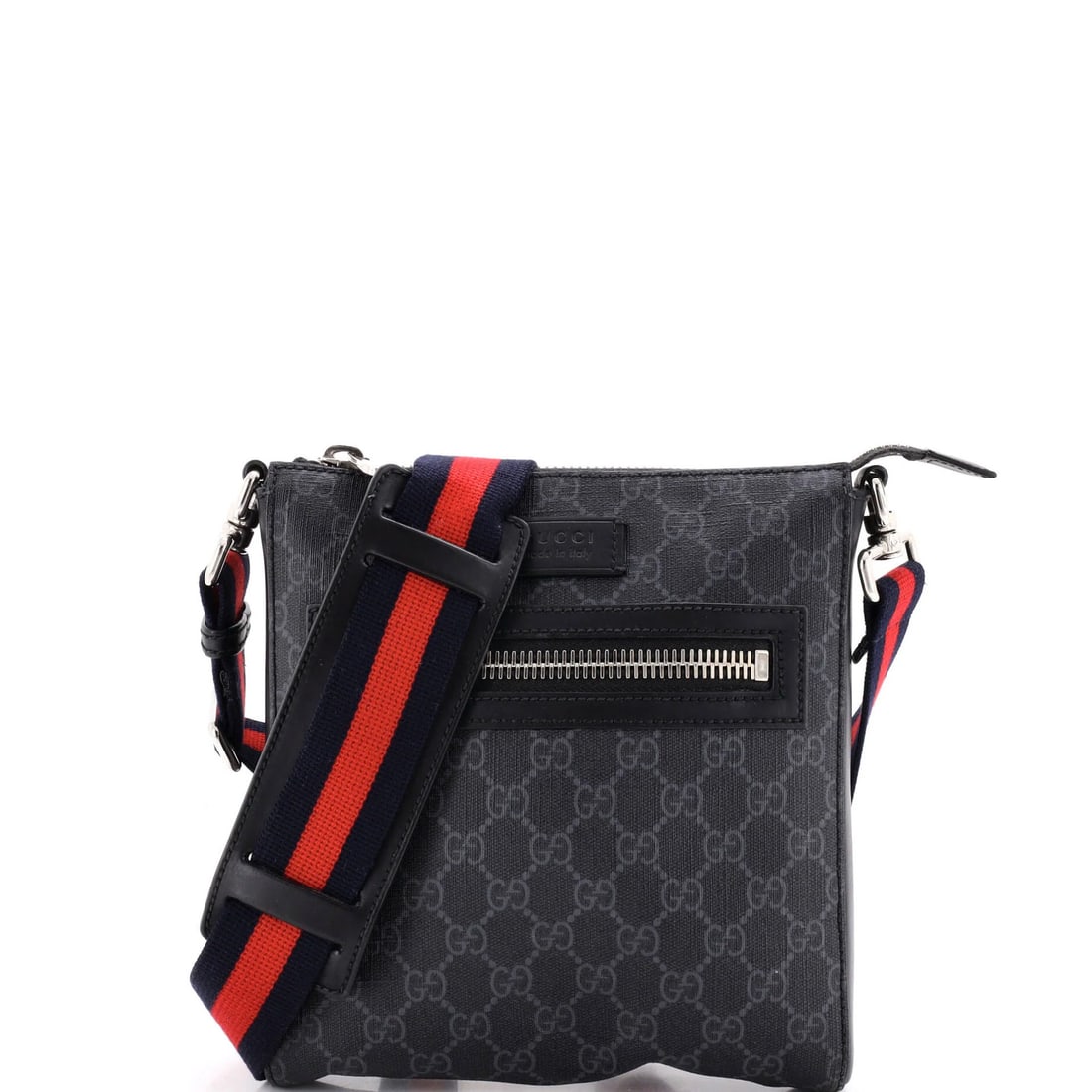 Front GG Coated Canvas Small Web Strap Zip Messenger Bag: Front GG Coated Canvas Small Web Strap Zip Messenger Bag Small Web Strap Front Zip Messenger Bag in Black Canvas Coated Exterior. This GG Coated Canvas Small Web Strap Front Zip Messenger Bag features