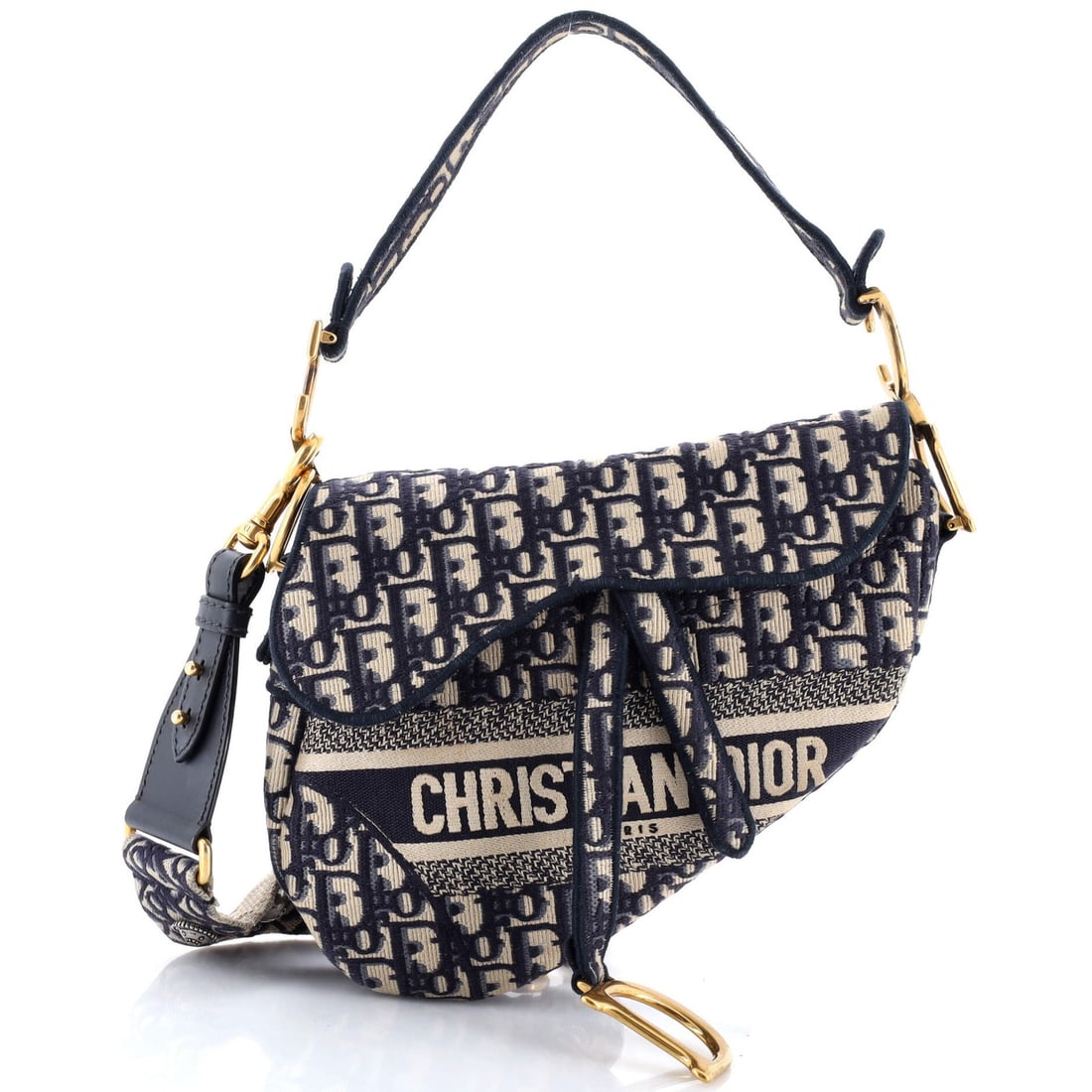 Dior Logo Saddle Handbag Medium Christian Canvas Oblique Embroidered: Dior Logo Saddle Handbag Medium Christian Canvas Oblique Embroidered Blue canvas medium saddle handbag with oblique embroidered logo, featuring gold hardware and minor fraying, creases, and discolorat