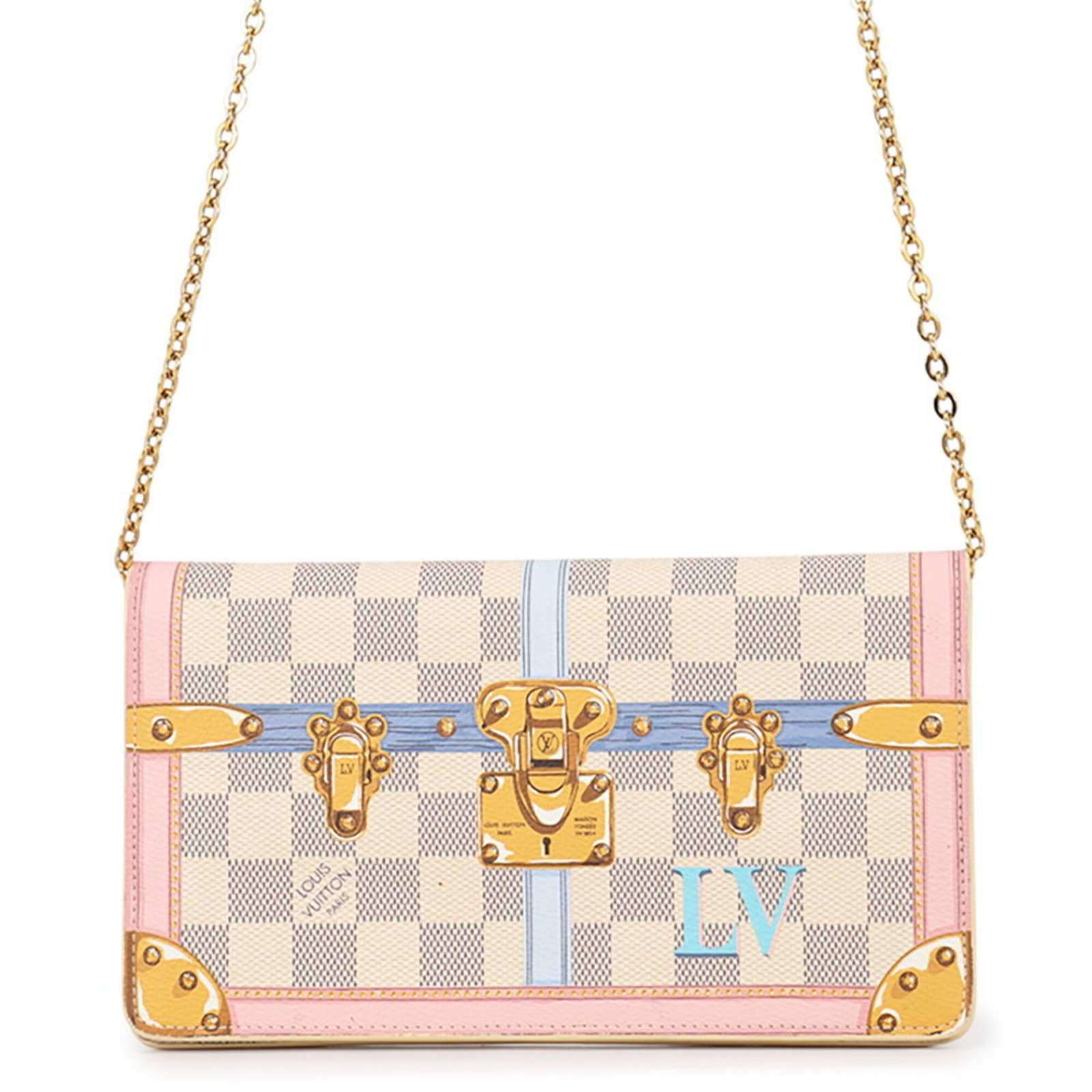 Louis Vuitton Chain/ Shoulder Wallet Damier Azur: Louis Vuitton Chain/ Shoulder Wallet Damier Azur The Louis Vuitton Chain/Shoulder Wallet Damier Azur boasts a striking rose ballerine color and Damier Azur pattern, adding a touch of elegance to any