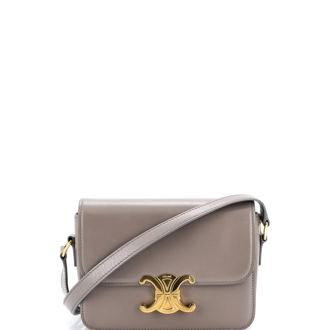 Calfskin Teen Shoulder Bag Celine Triomphe Smooth: Calfskin Teen Shoulder Bag Celine Triomphe Smooth Gray Calfskin Celine Triomphe Smooth Shoulder Bag with Gold Hardware, featuring a classic cross body design and smooth exterior. The bag measures