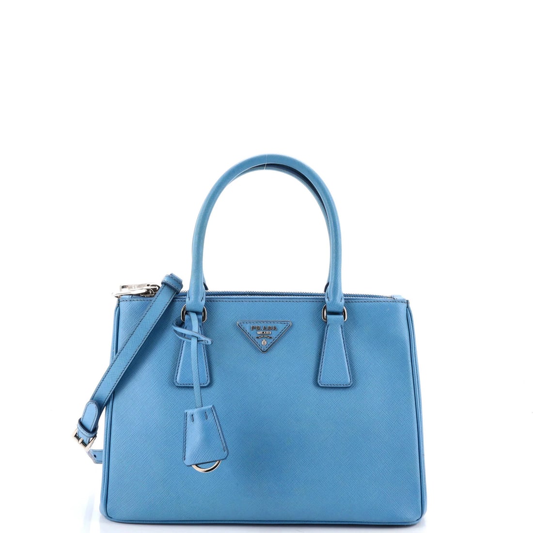 Saffiano Leather Double Zip Tote Small Prada: Saffiano Leather Double Zip Tote Small Prada Saffiano Leather Double Zip Tote in a stunning blue hue, this Prada Galleria Small features a sleek cross body design with a poignet clochette and