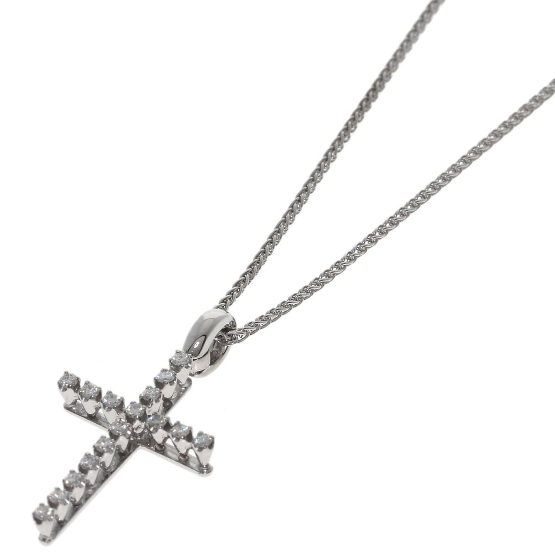 Diamond Mystery Cross Necklace White Gold K18 Damiani: Diamond Mystery Cross Necklace White Gold K18 Damiani K18 White Gold Damiani necklace features a diamond main stone set in an open necklace closure, showcasing a silver metal exterior with a silver