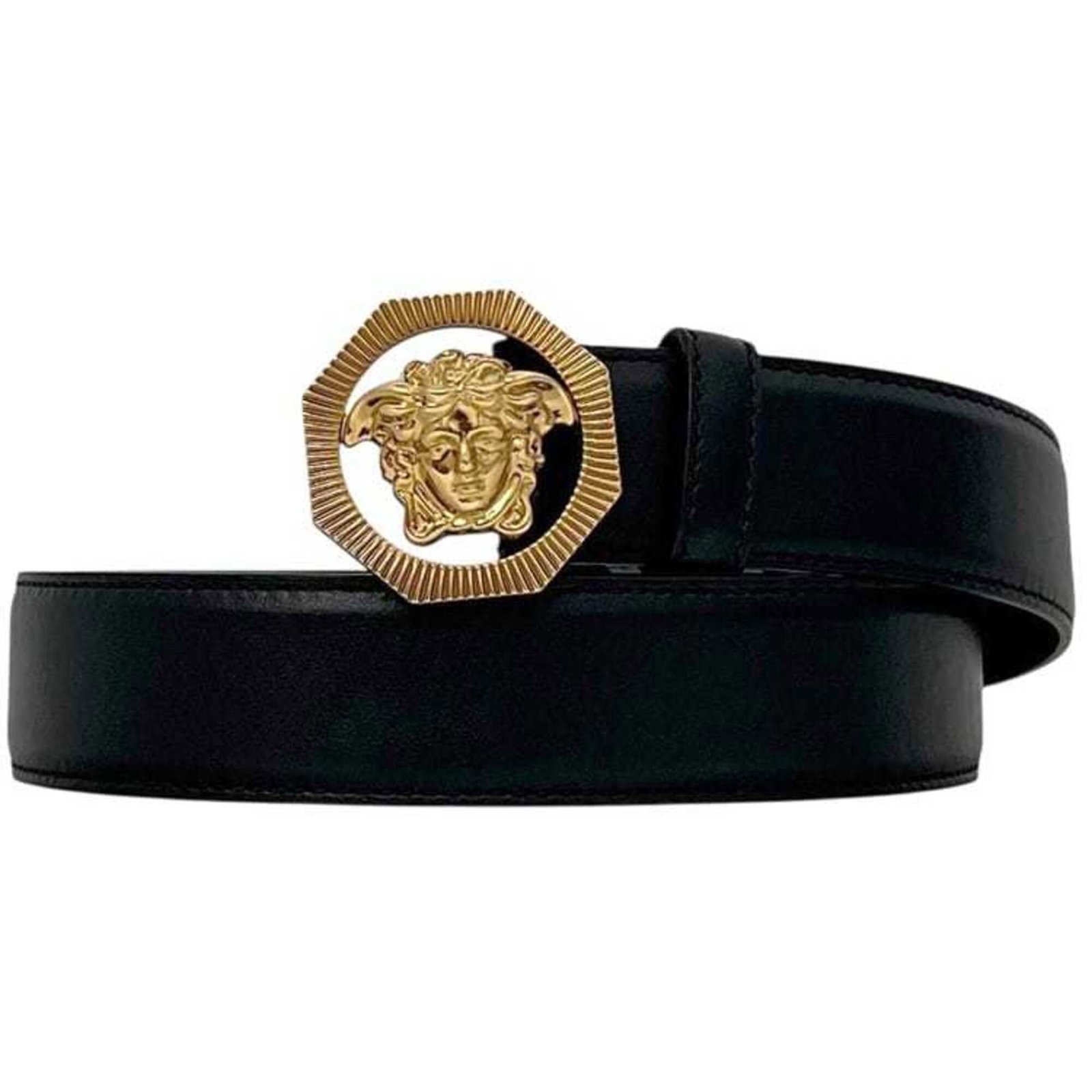 Versace Standard Belt: Versace Standard Belt Versace's signature style is evident in this sleek black leather standard belt, featuring a slim 3.5cm width that adds a touch of sophistication to any outfit. With a length