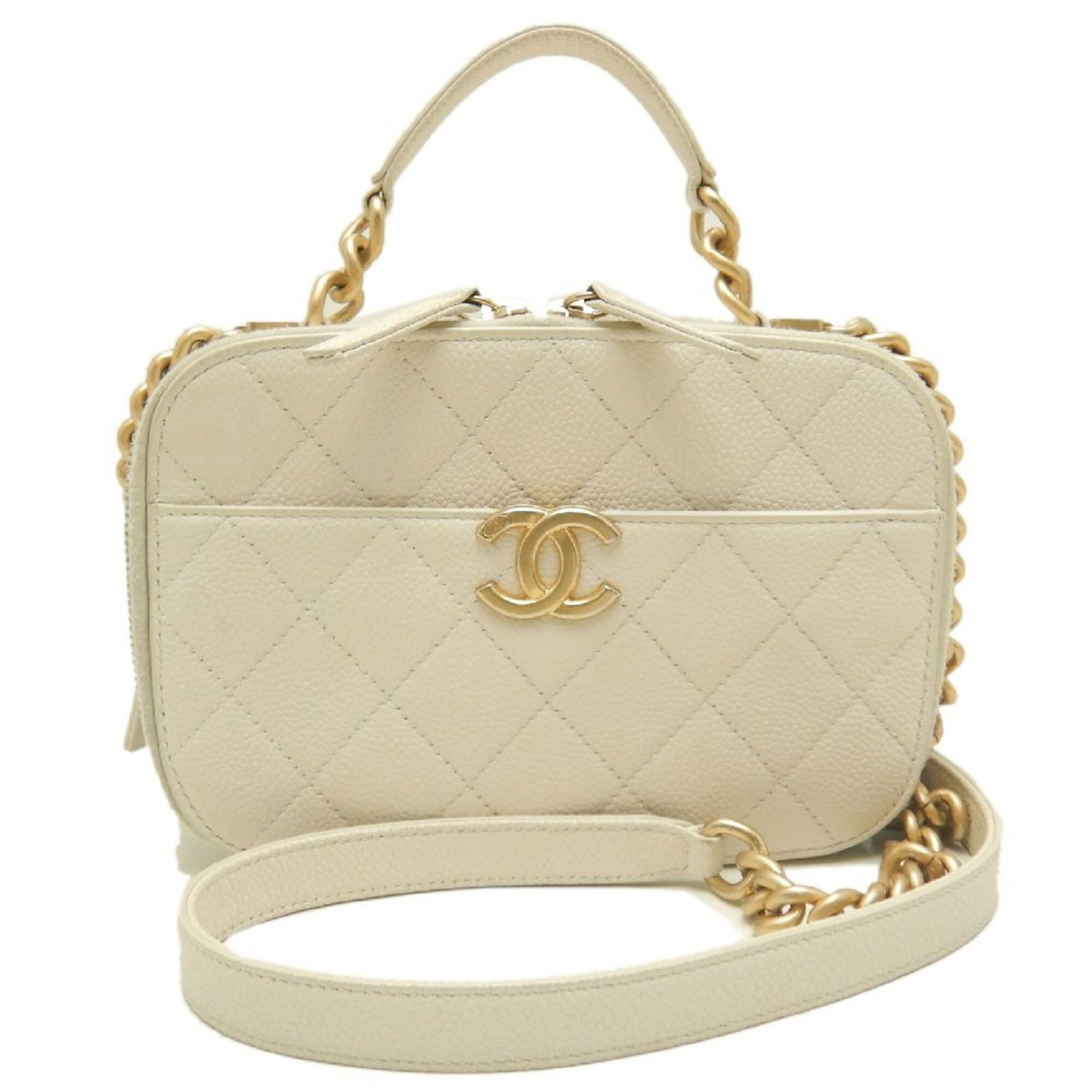 Vanity Grained Calfskin Shoulder Bag: Vanity Grained Calfskin Shoulder Bag Vanity Grained Calfskin Shoulder Bag features a sleek design with a white grained calfskin material and gold hardware, adding a touch of sophistication to any outf