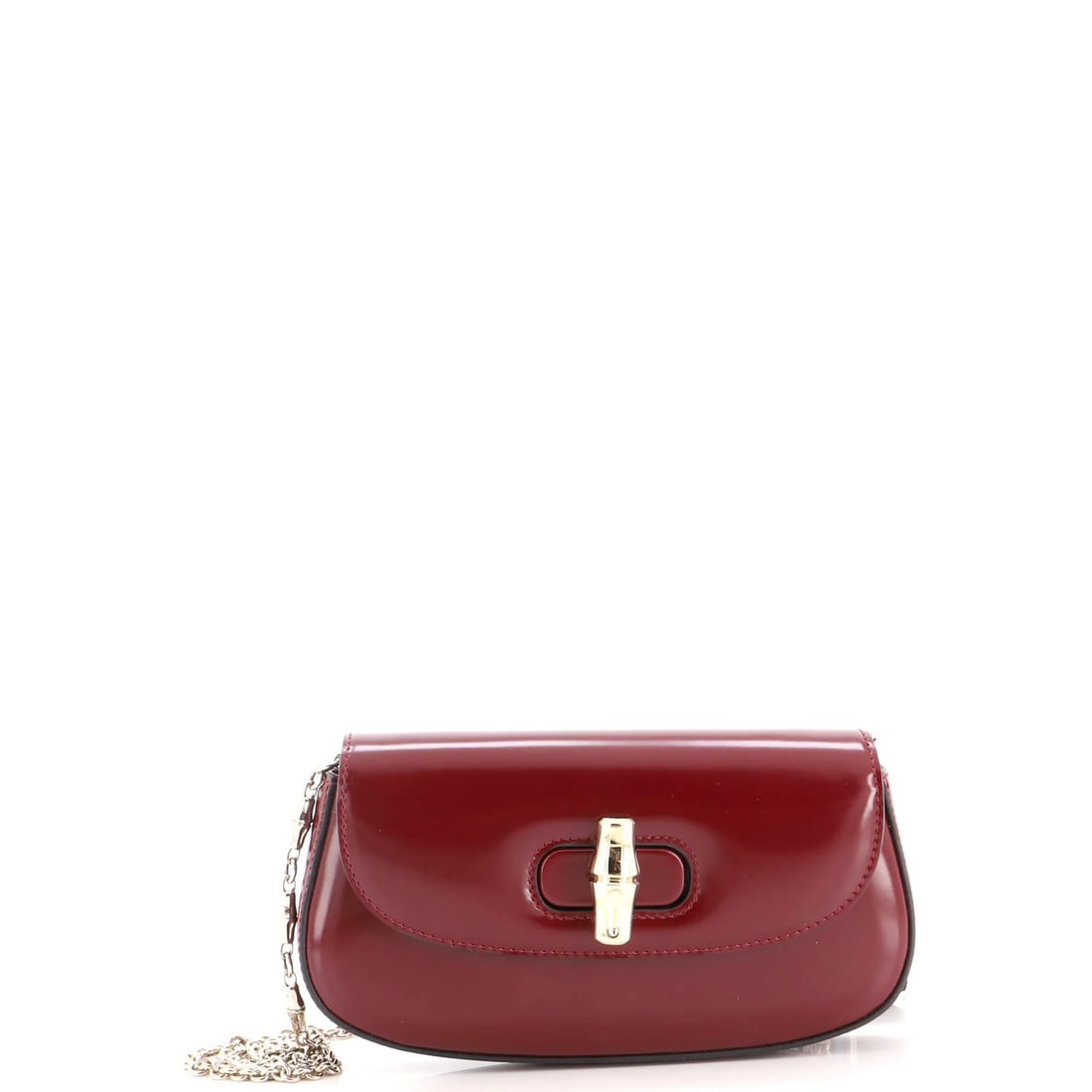 Gucci Leather Small Bamboo Clutch Chain Night: Gucci Leather Small Bamboo Clutch Chain Night Burgundy leather Gucci Bamboo Night Chain Clutch Small is a stylish accessory. This small clutch features a chain design and measures 4.5" in height,