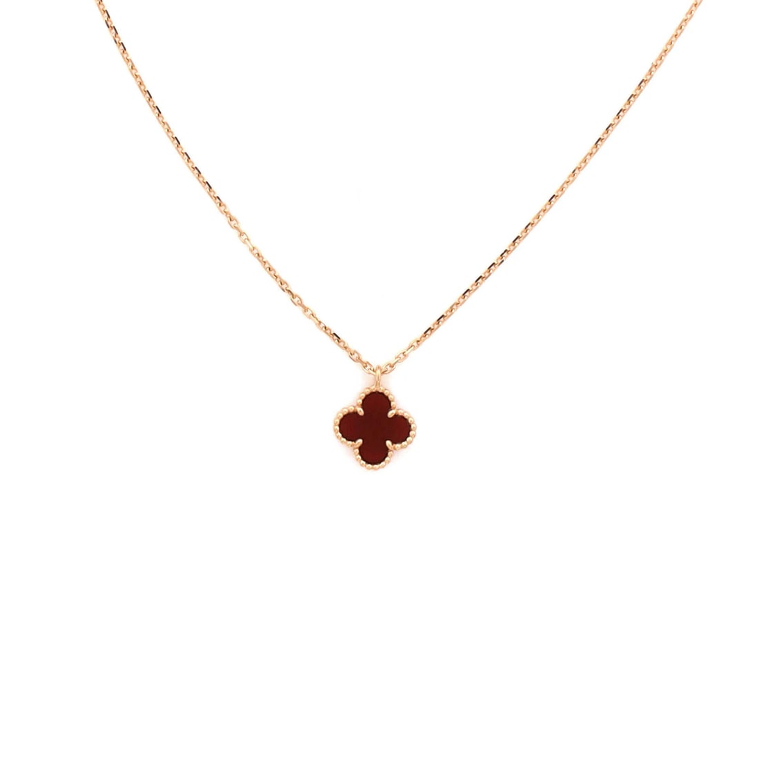 Carnelian Necklace Rose Gold Pendant Alhambra Sweet Van Cleef & Arpels: Carnelian Necklace Rose Gold Pendant Alhambra Sweet Van Cleef & Arpels 18K Rose Gold Sweet Alhambra Pendant Necklace features a stunning Carnelian stone, showcasing the elegance of Van Cleef & Arpels'