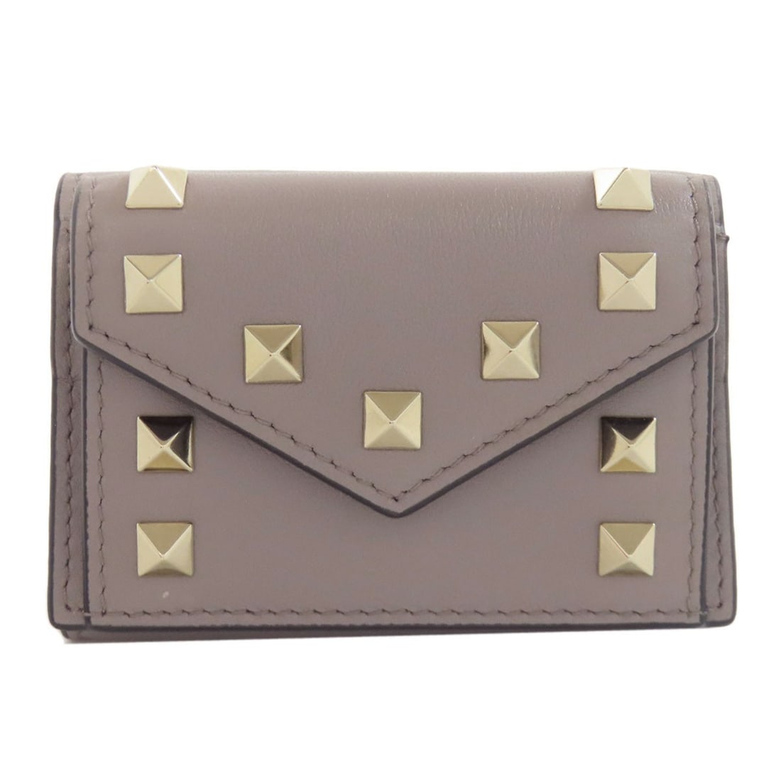Valentino Compact Wallet Studs Bifold Wallet With Coin Pocket Leather: Valentino Compact Wallet Studs Bifold Wallet With Coin Pocket Leather Gray leather bifold wallet with a coin pocket, featuring a compact design. The wallet's exterior is made of high-quality leather, 