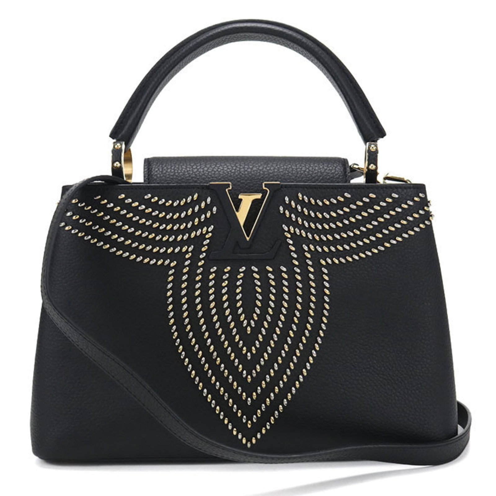 Handbag Leather Louis Vuitton: Handbag Leather Louis Vuitton Black leather Louis Vuitton handbag with gold hardware, measuring 20cm x 31cm x 11cm, bearing a signature. Made from high-quality leather, this classic handbag is a