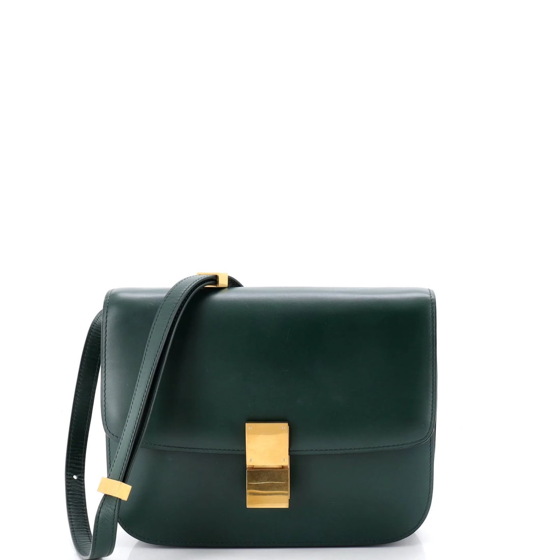 Smooth Leather Bag Box Classic Medium Celine: Smooth Leather Bag Box Classic Medium Celine Smooth leather exterior in a rich green hue, the Classic Box Bag by Celine boasts a timeless design with clean lines and a cross-body strap for effortless