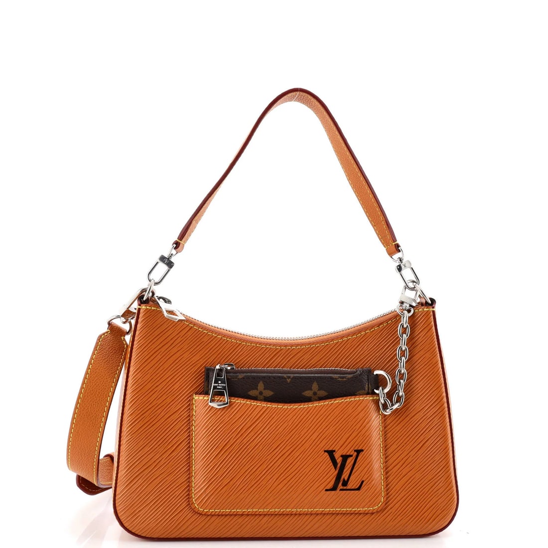 Leather Epi Marelle Handbag Louis Vuitton: Leather Epi Marelle Handbag Louis Vuitton Brown Epi Marelle Handbag with Extra Strap and Pochette, Measuring 7.5" Handle Drop, 6" Height, 10" Width, and 3" Depth. This Louis Vuitton Marelle Handbag
