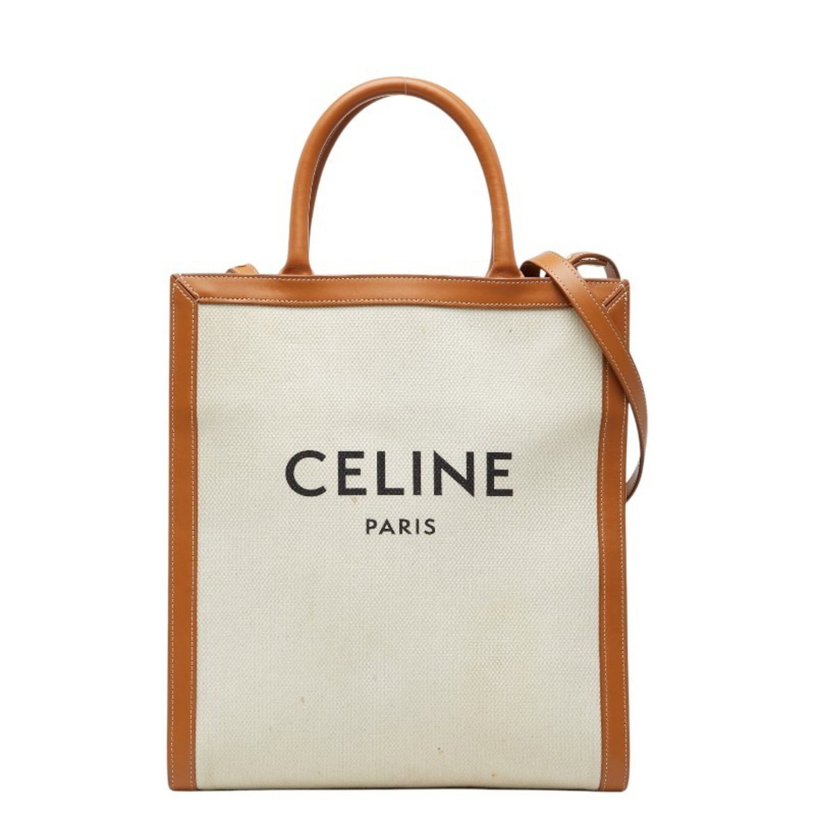 Shoulder Bag Canvas Leather Handbag: Shoulder Bag Canvas Leather Handbag Canvas and leather come together in this elegant shoulder bag from the Celine brand, featuring a classic Cabas design with a timeless brown and ivory color combinat
