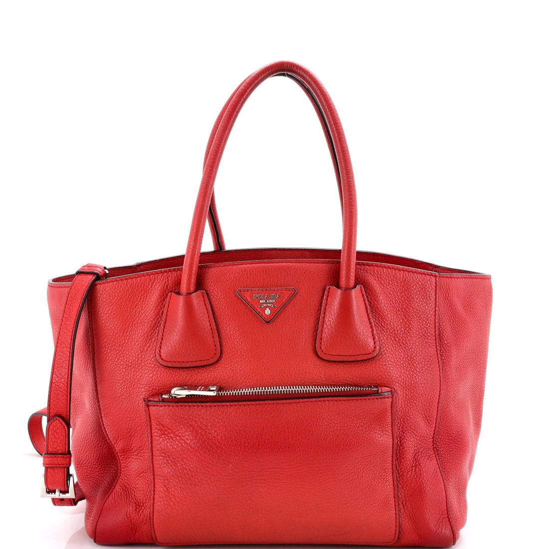 Front Pocket Wing Convertible Vitello Daino Prada: Front Pocket Wing Convertible Vitello Daino Prada Red Leather Front Pocket Wing Convertible Vitello Daino Prada Tote with Silver Hardware, featuring a classic design with a front pocket and adjustable