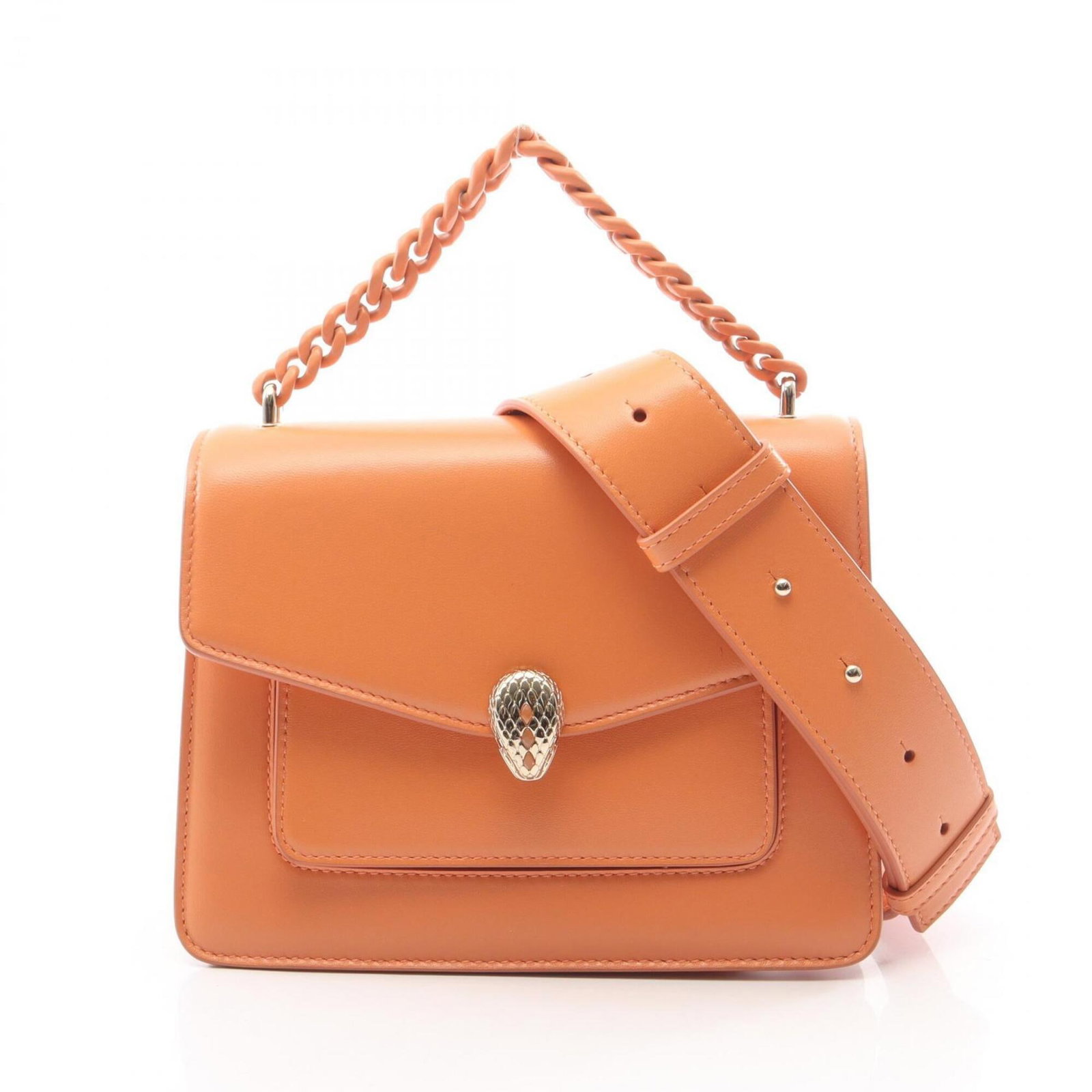 Handbag Leather Bvlgari: Handbag Leather Bvlgari Bvlgari handbag features a vibrant orange leather exterior, measuring 15cm x 20cm x 4cm. The bag's compact size and sleek design make it a stylish accessory for everyday use.
