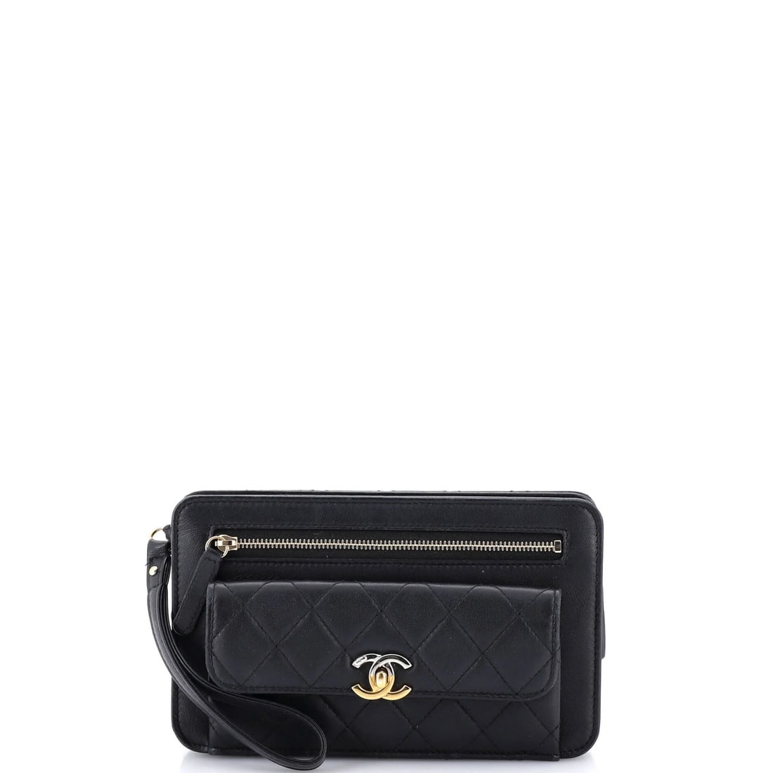 Chanel Lambskin Quilted Clutch with Chain Front Pocket: Chanel Lambskin Quilted Clutch with Chain Front Pocket This Chanel Lambskin Quilted Clutch boasts a sleek black exterior with a chain front pocket, adding a touch of edgy sophistication to any