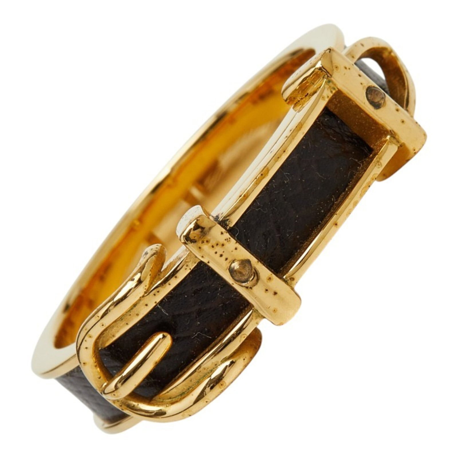 Hermes Leather Scarf Ring: Hermes Leather Scarf Ring Dark brown leather and gold accents come together in this sleek scarf ring from Hermes, measuring 2.69cm in diameter. The ring's slim profile and elegant design make it a