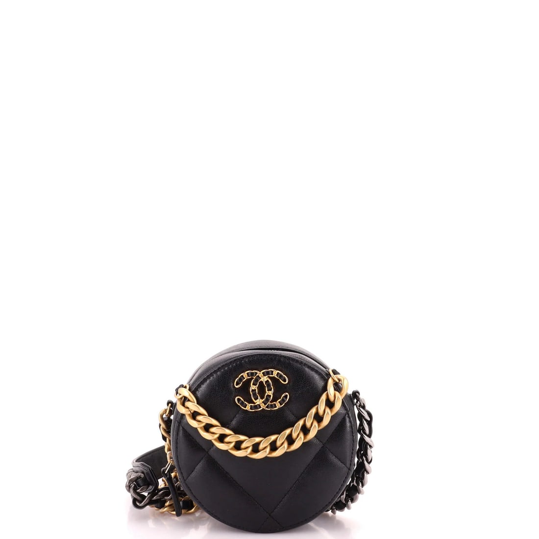 Round Clutch Quilted Leather with Chain 19 Chanel: Round Clutch Quilted Leather with Chain 19 Chanel The 19 Round Clutch with Chain Quilted Leather exterior is a sleek and sophisticated design, featuring a classic Chanel style with a modern twist.